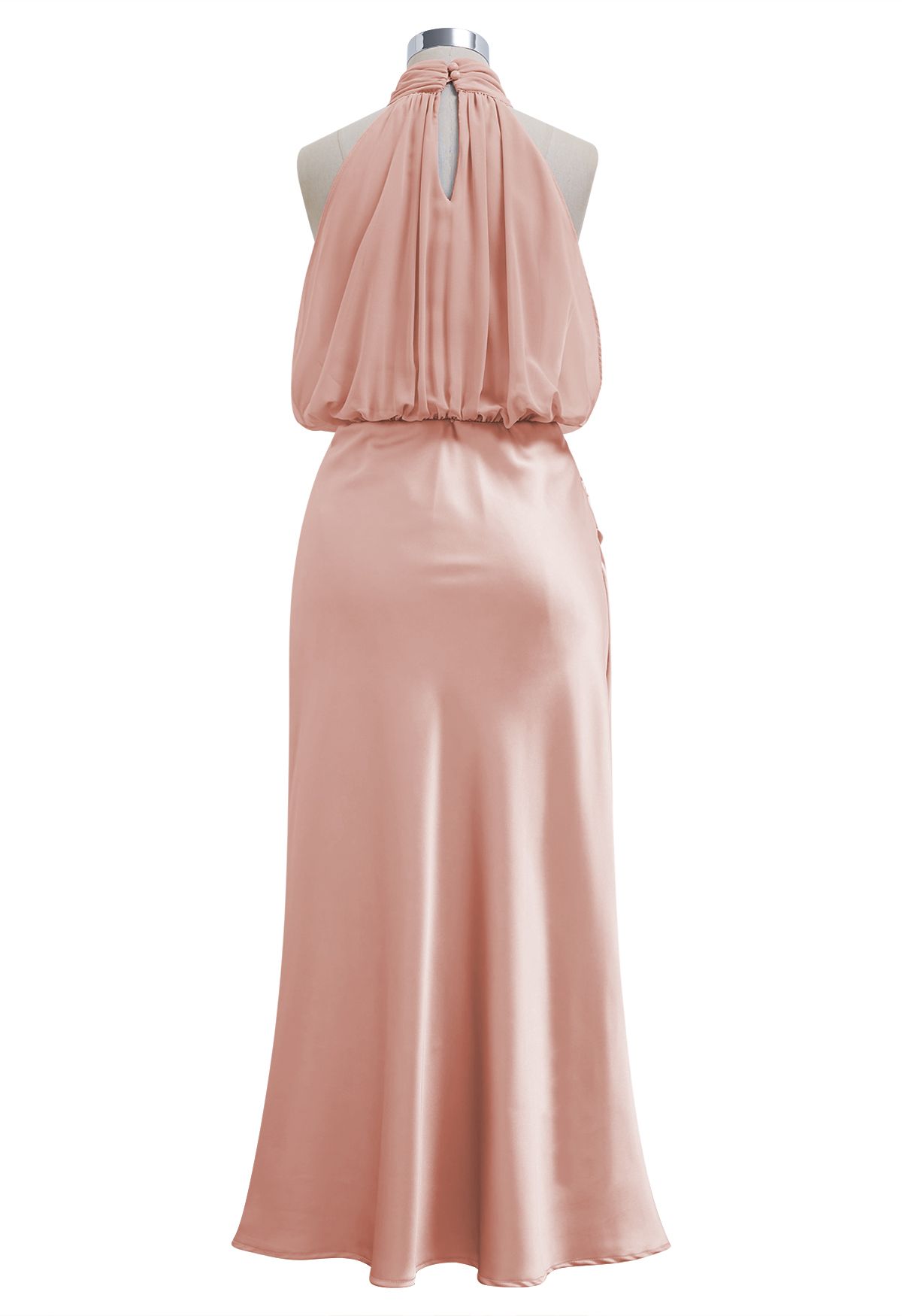 Graceful Halter Neck Chiffon Spliced Satin Dress in Pink