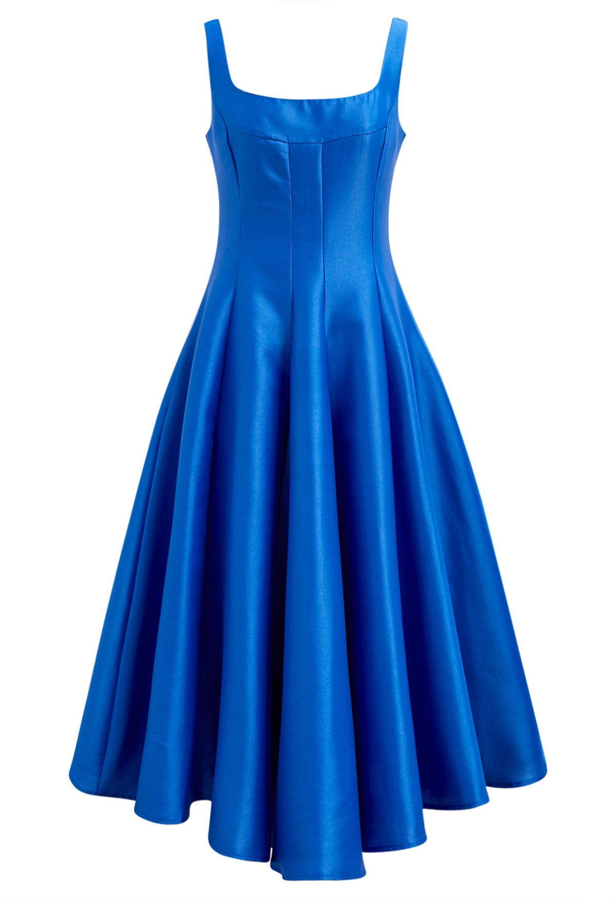 Polished Satin Flared Hem Cami Dress in Royal Blue