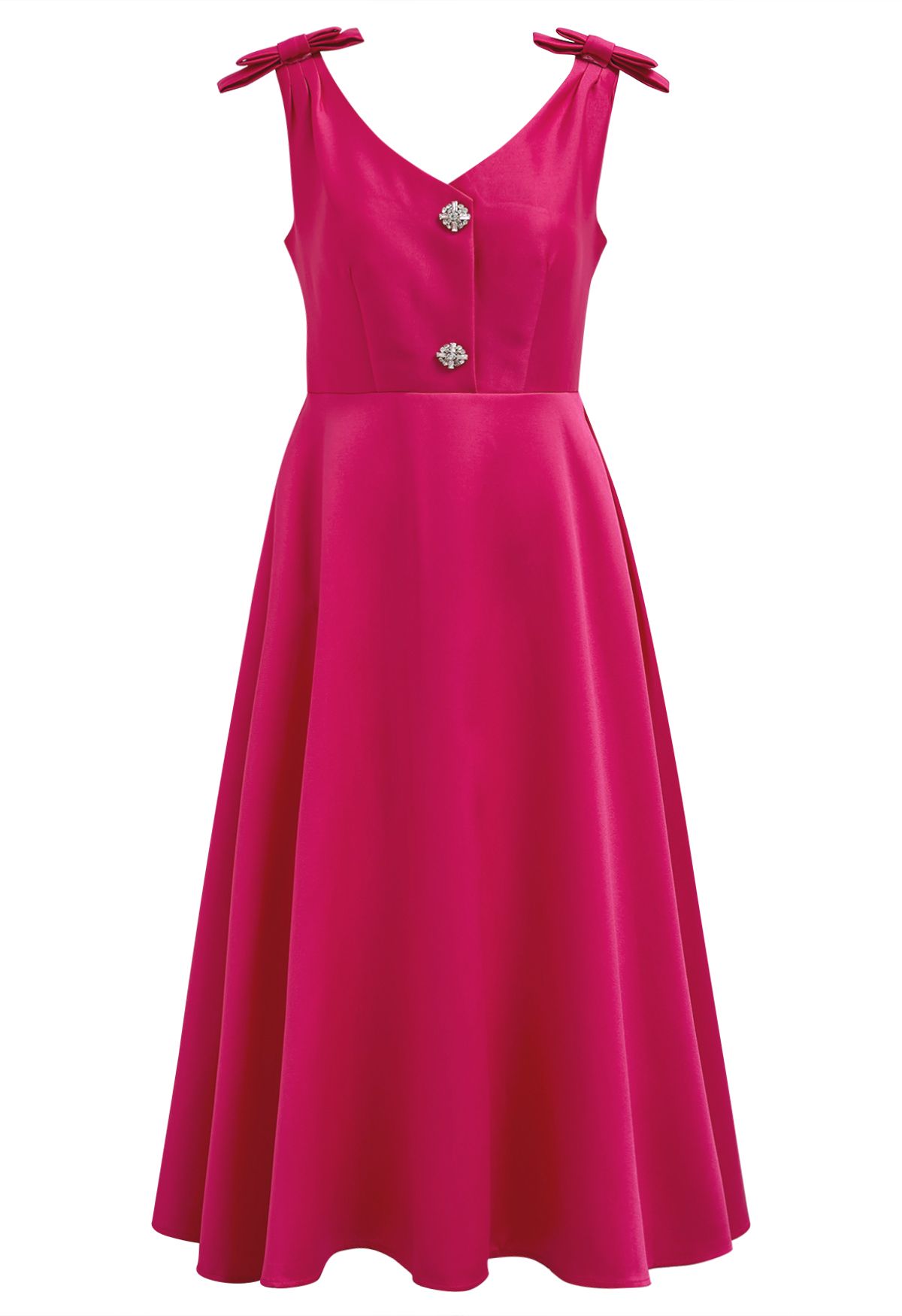 Bow Shoulder Zircon Button Midi Dress in Magenta