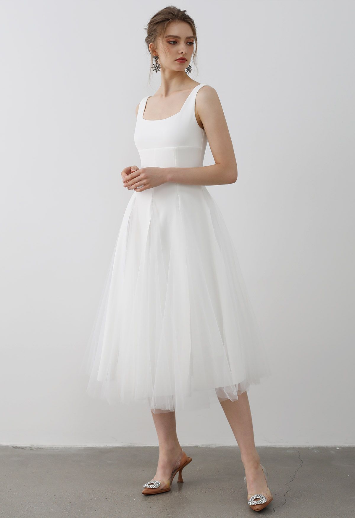 Ethereal Mesh Tulle Panelled Sleeveless Midi Dress