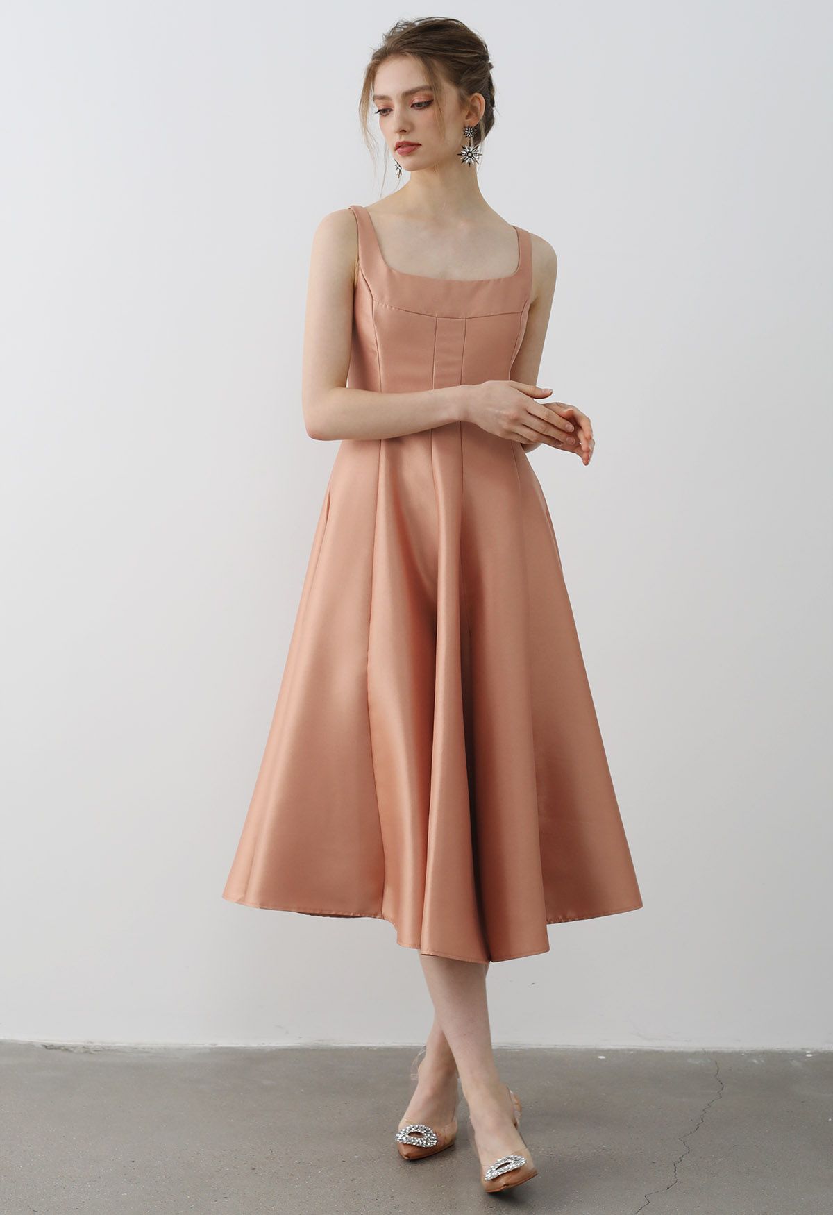 Polished Satin Flared Hem Cami Dress in Coral