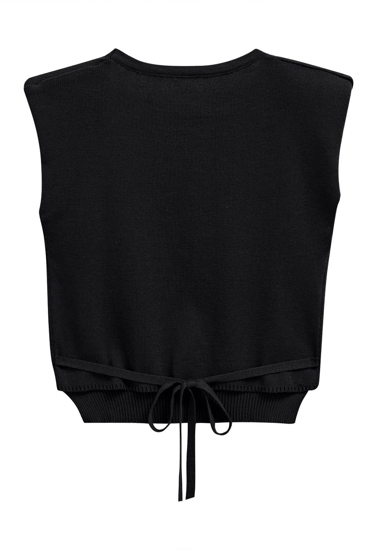 Tie-Back Sleeveless Rib Knit Top in Black