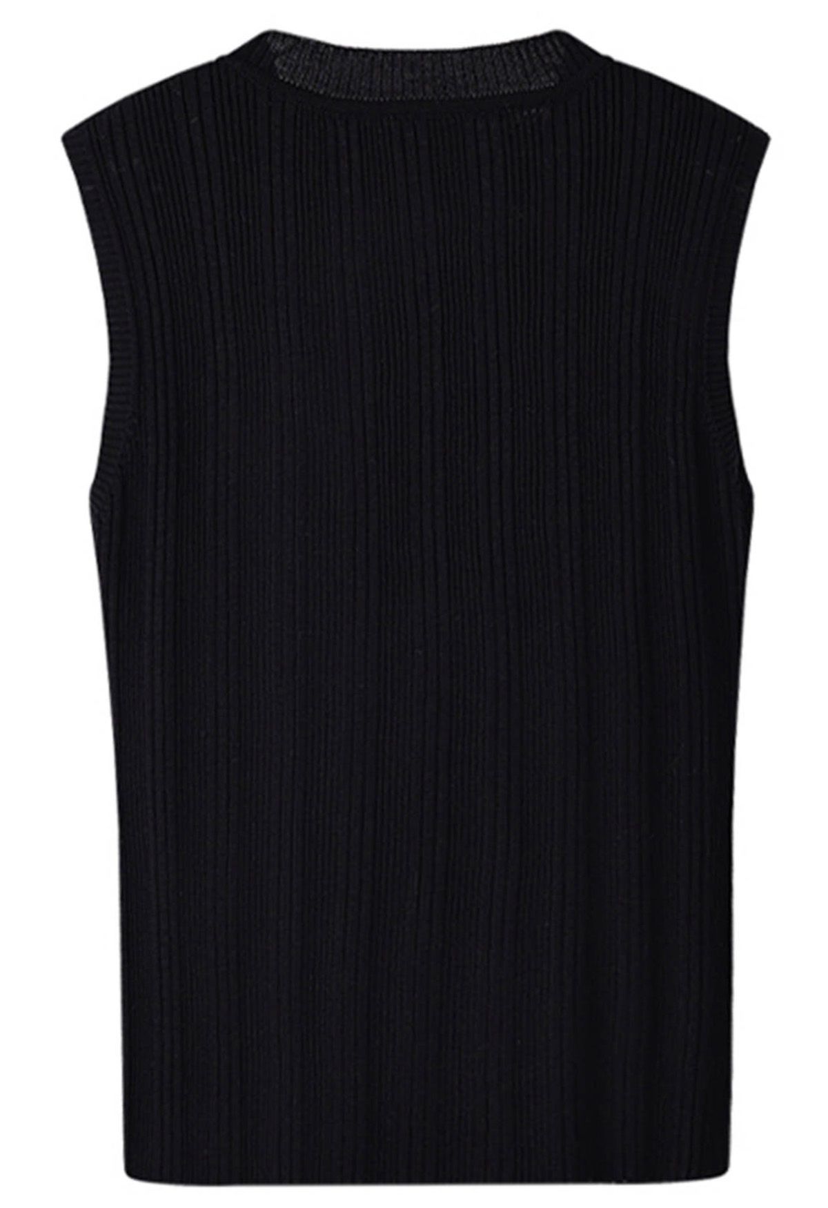 Pearl Trimmed Sleeveless Knit Top in Black