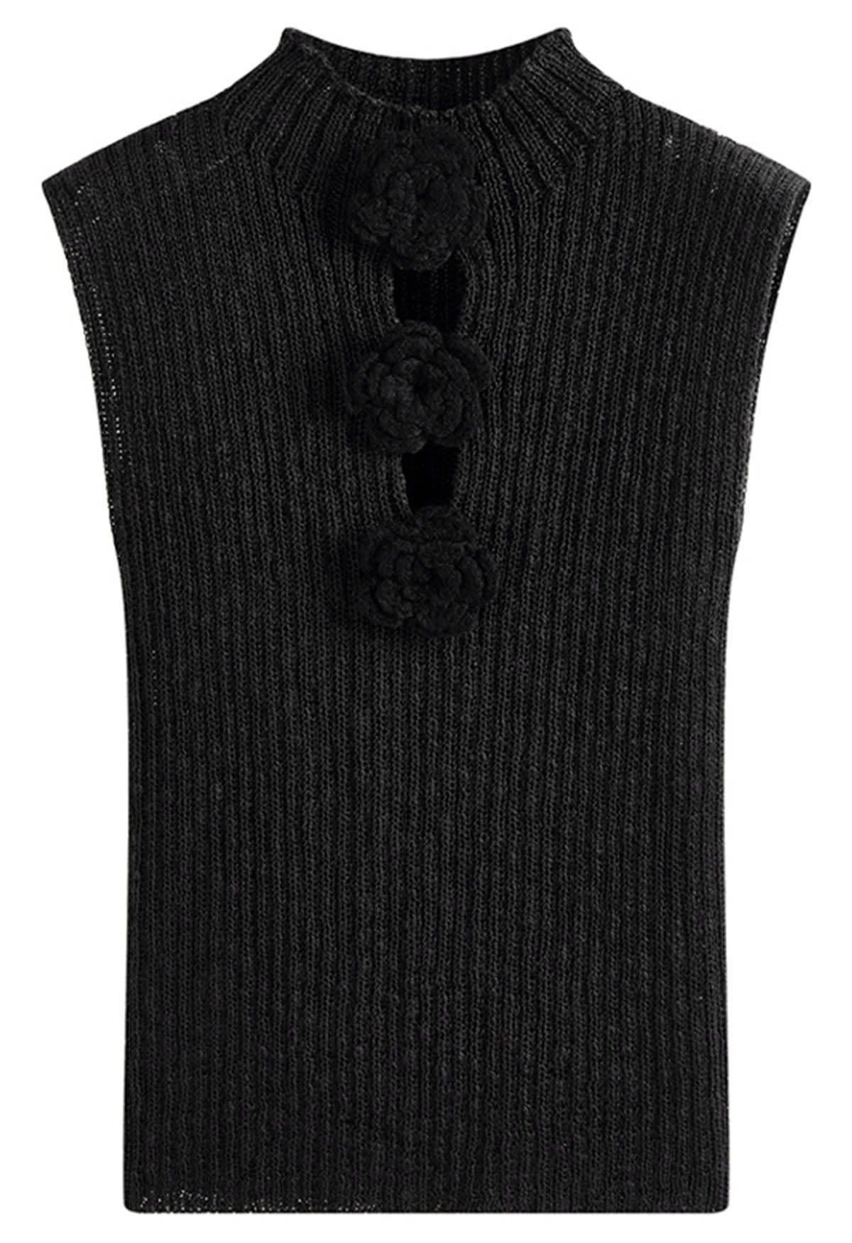 3D Crochet Flower Sleeveless Knit Top in Black