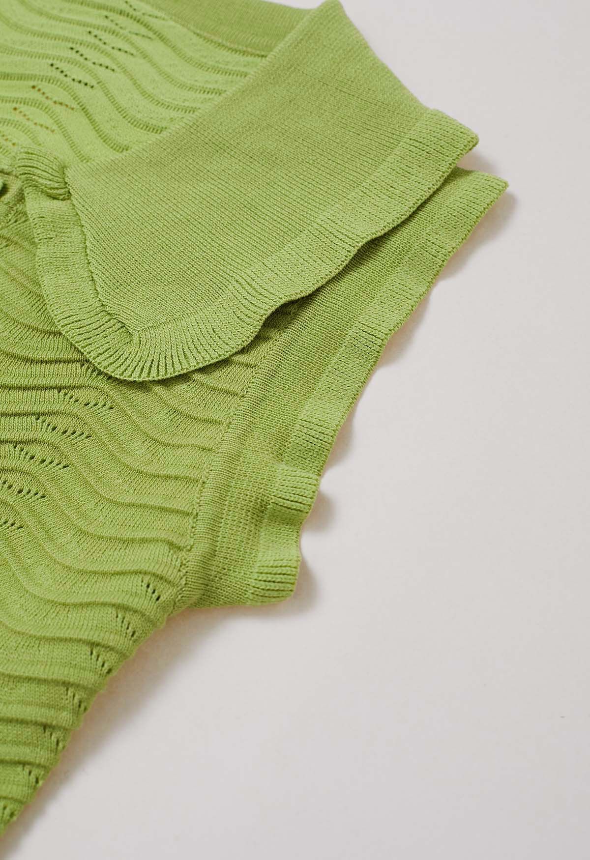 Ruffle Edge Wavy Pointelle Knit Top in Green