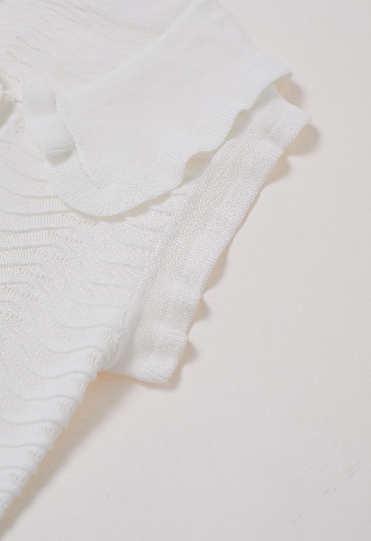 Ruffle Edge Wavy Pointelle Knit Top in White