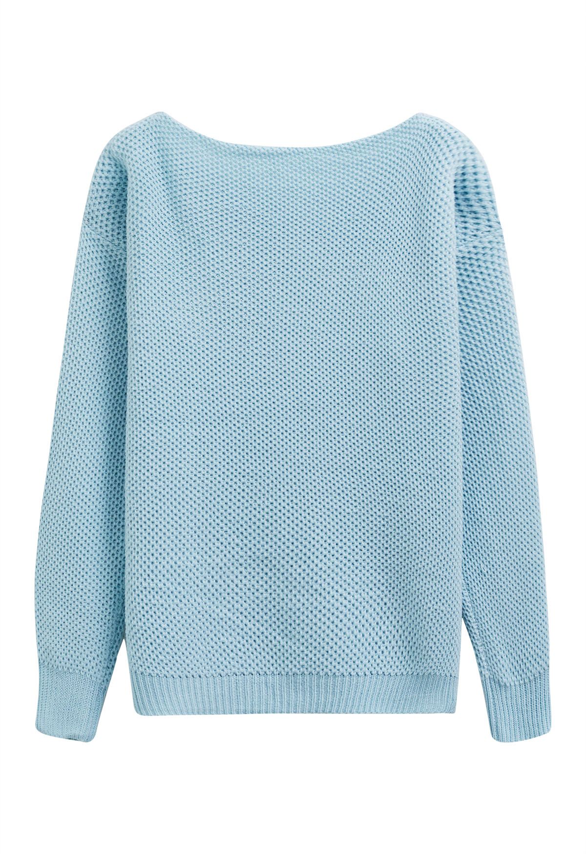 Buttons Decorated Pocket Waffle Knit Sweater in Baby Blue