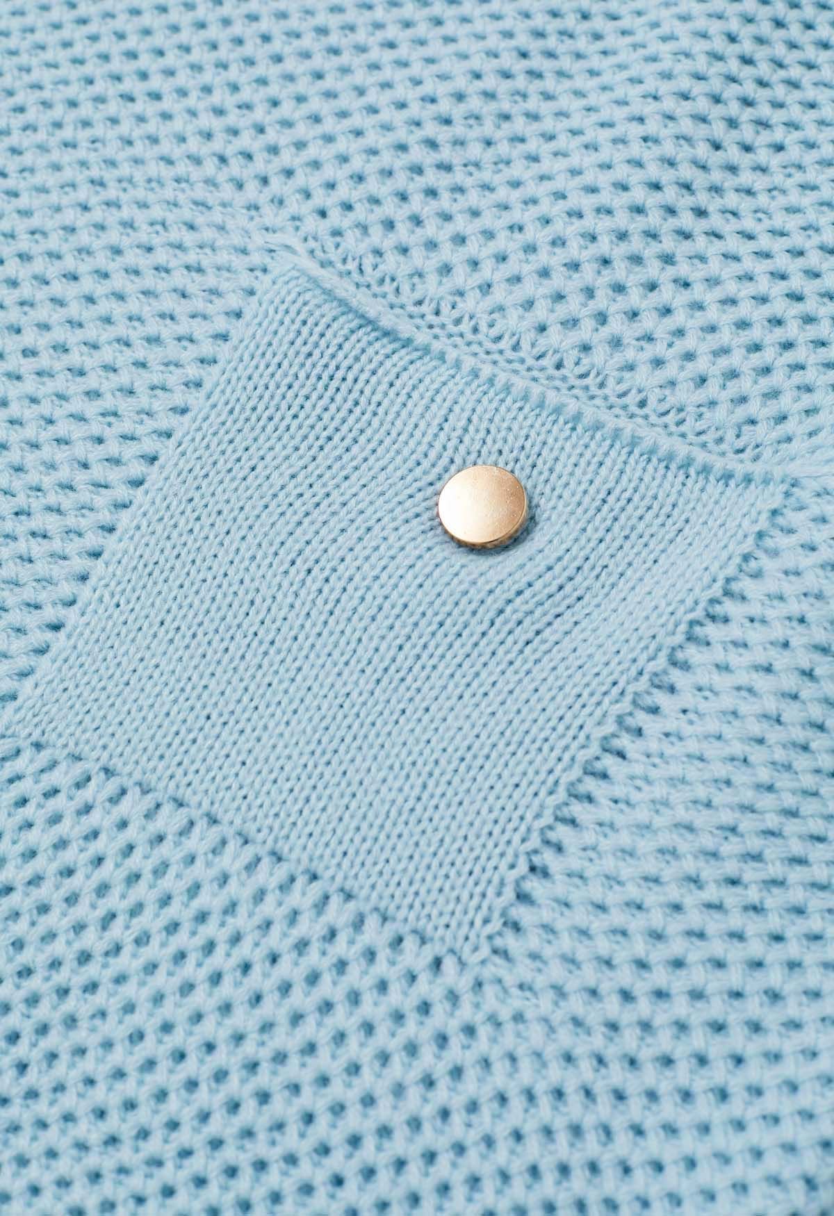 Buttons Decorated Pocket Waffle Knit Sweater in Baby Blue