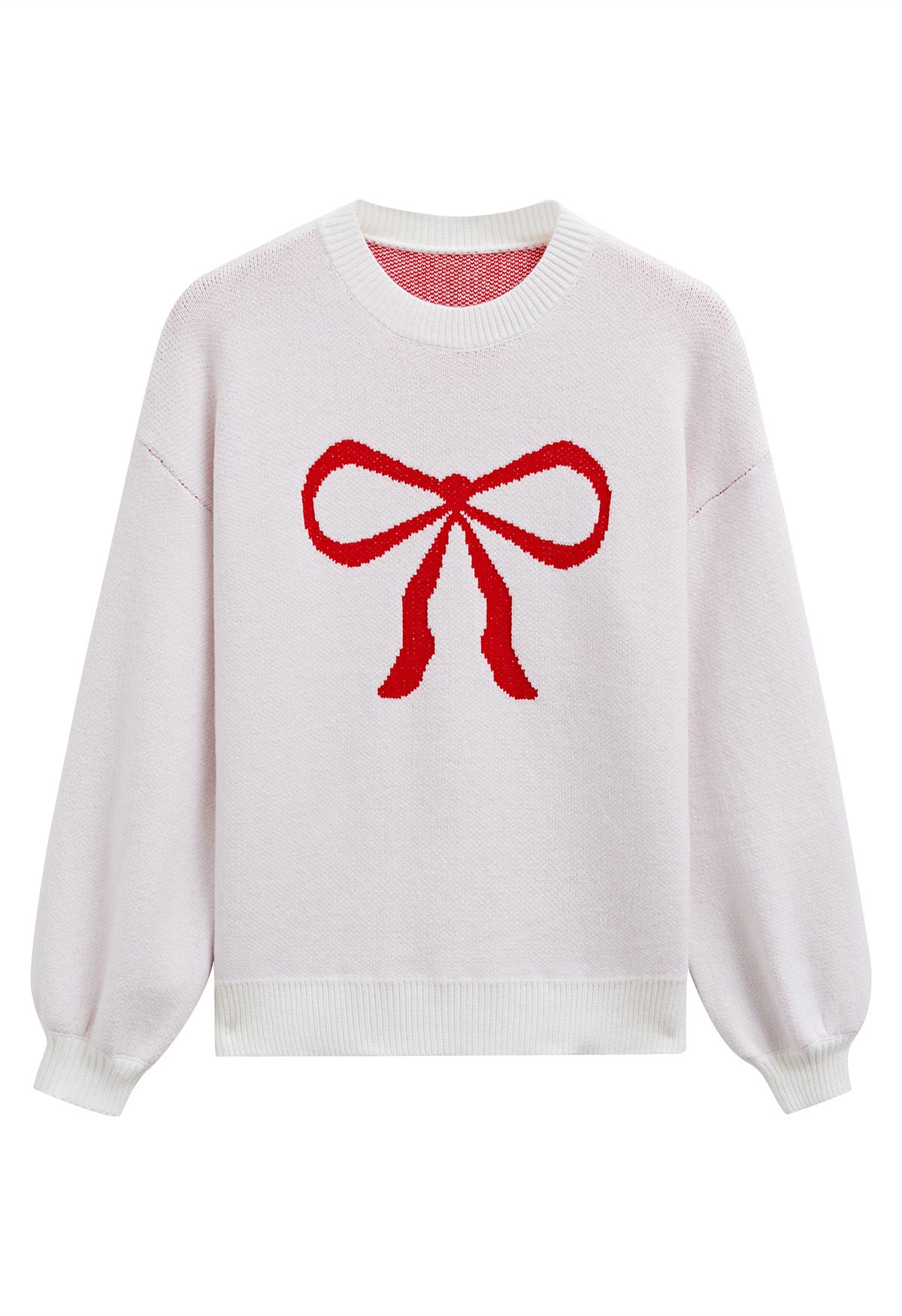 Ribbon Bowknot Pattern Jacquard Knit Sweater in White