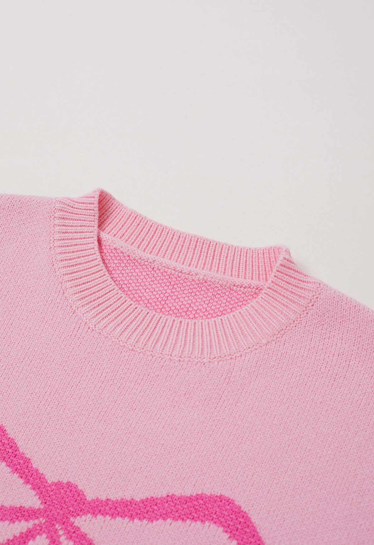 Ribbon Bowknot Pattern Jacquard Knit Sweater in Pink