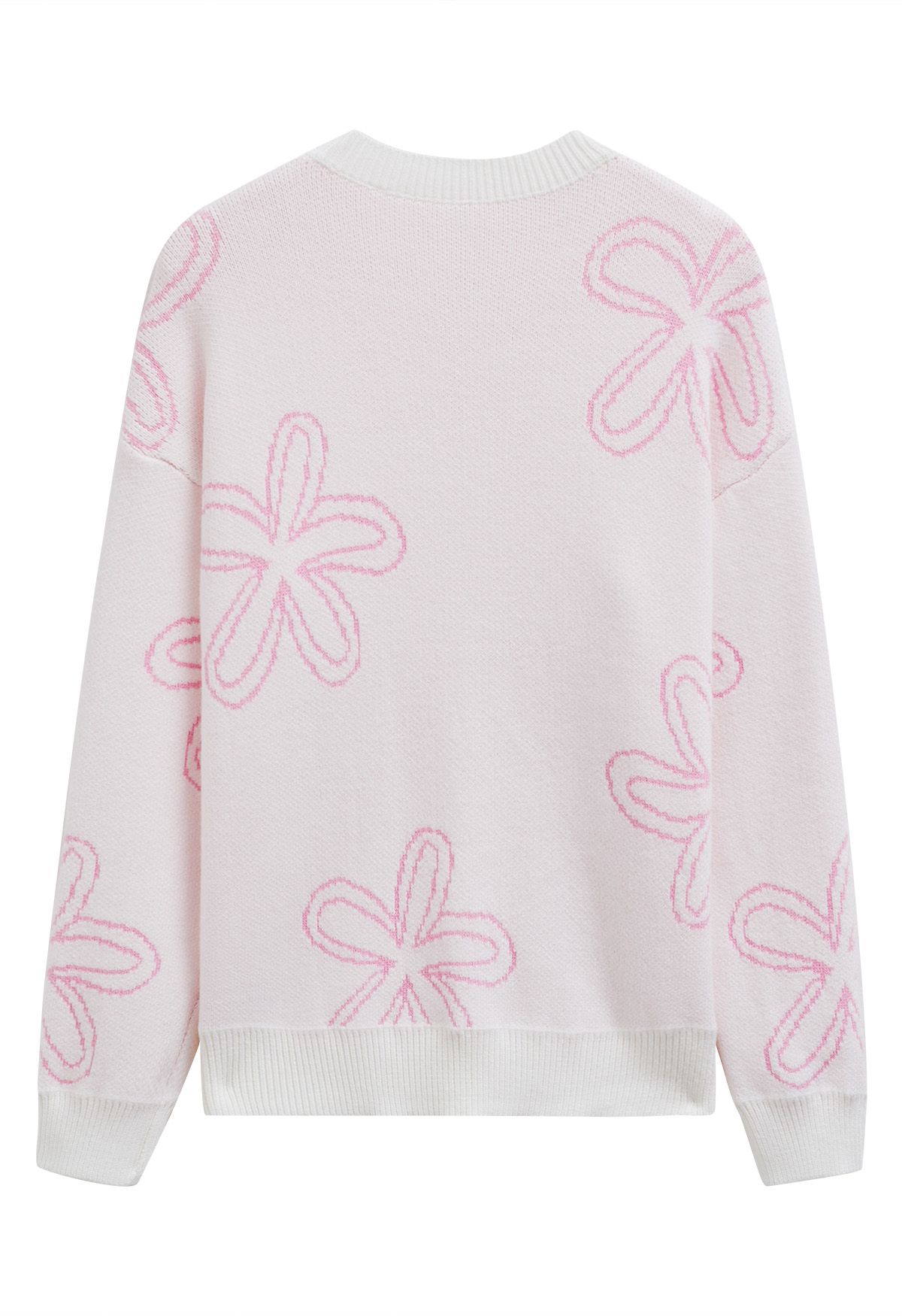 Floral Sketch Pattern Jacquard Knit Sweater in White