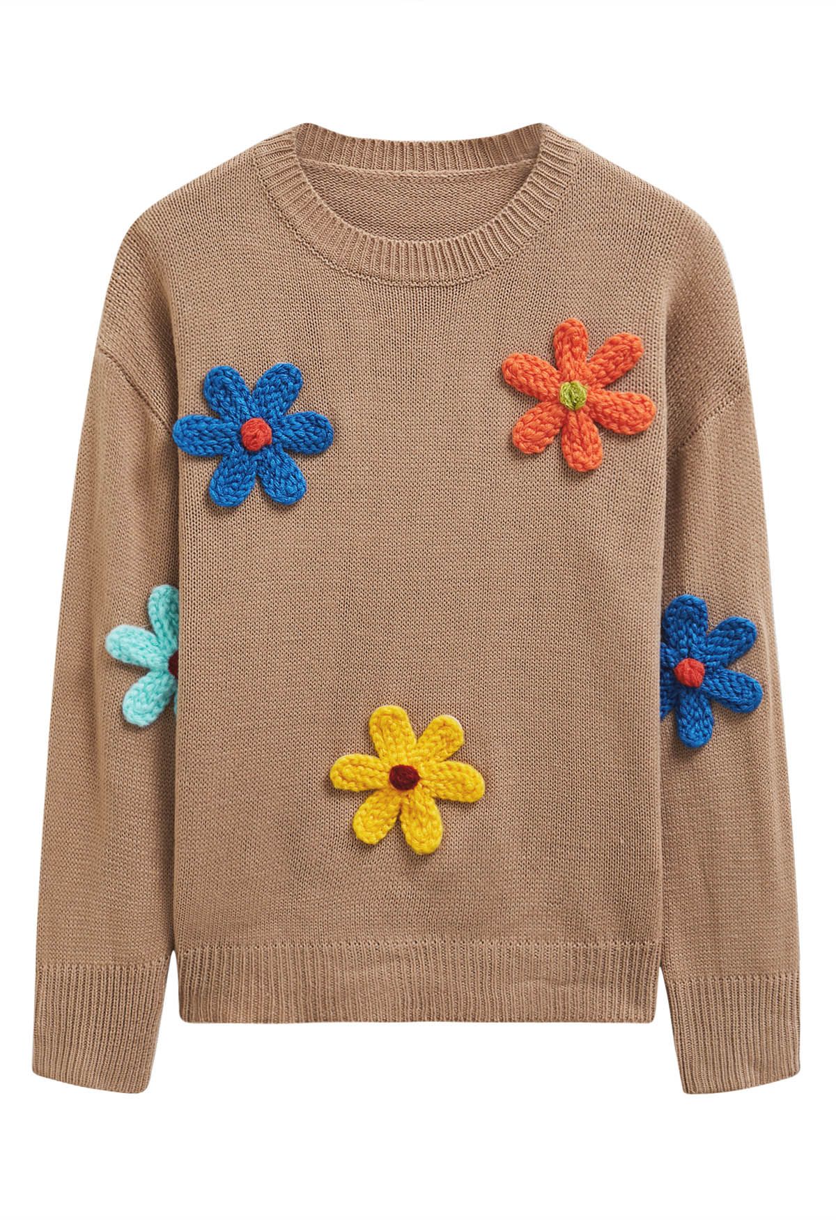 Colorful 3D Stitch Flower Knit Sweater in Tan