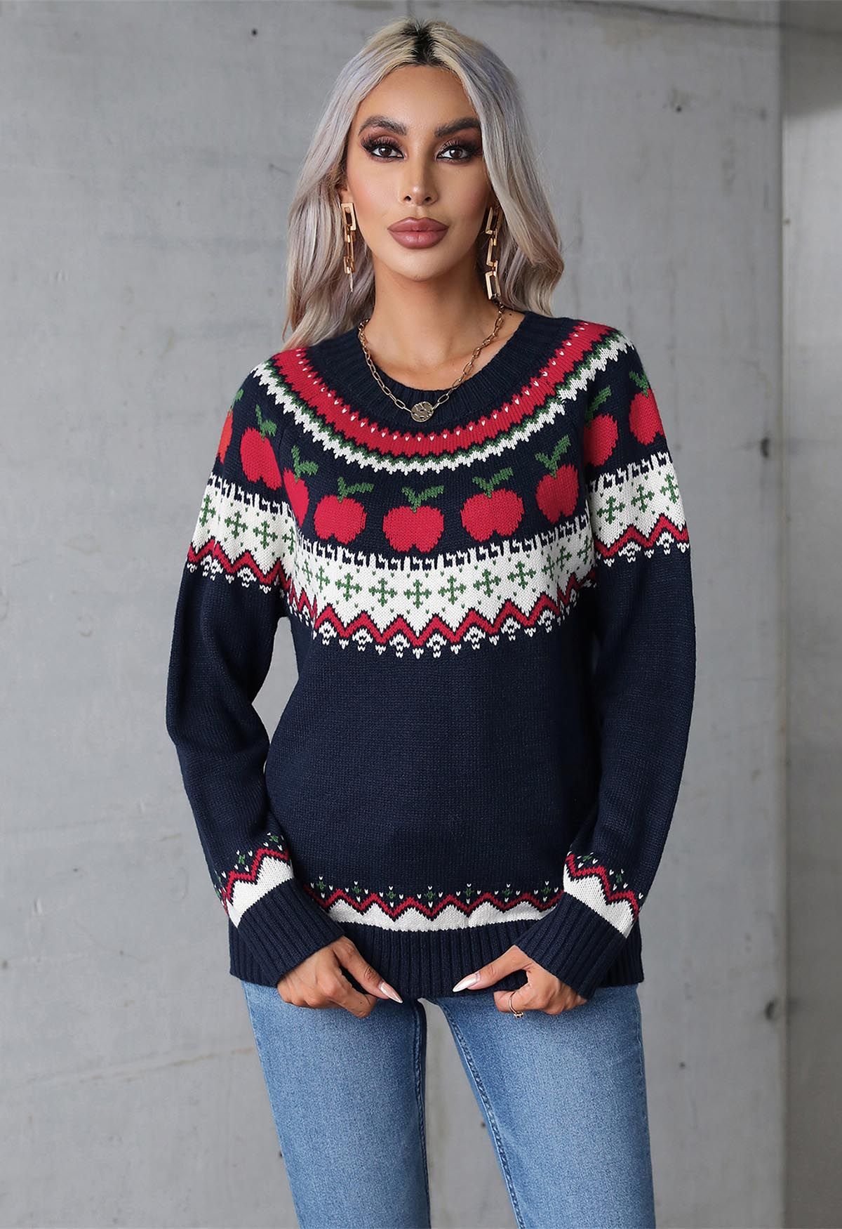 Apple Delight Long Sleeves Knit Sweater in Navy