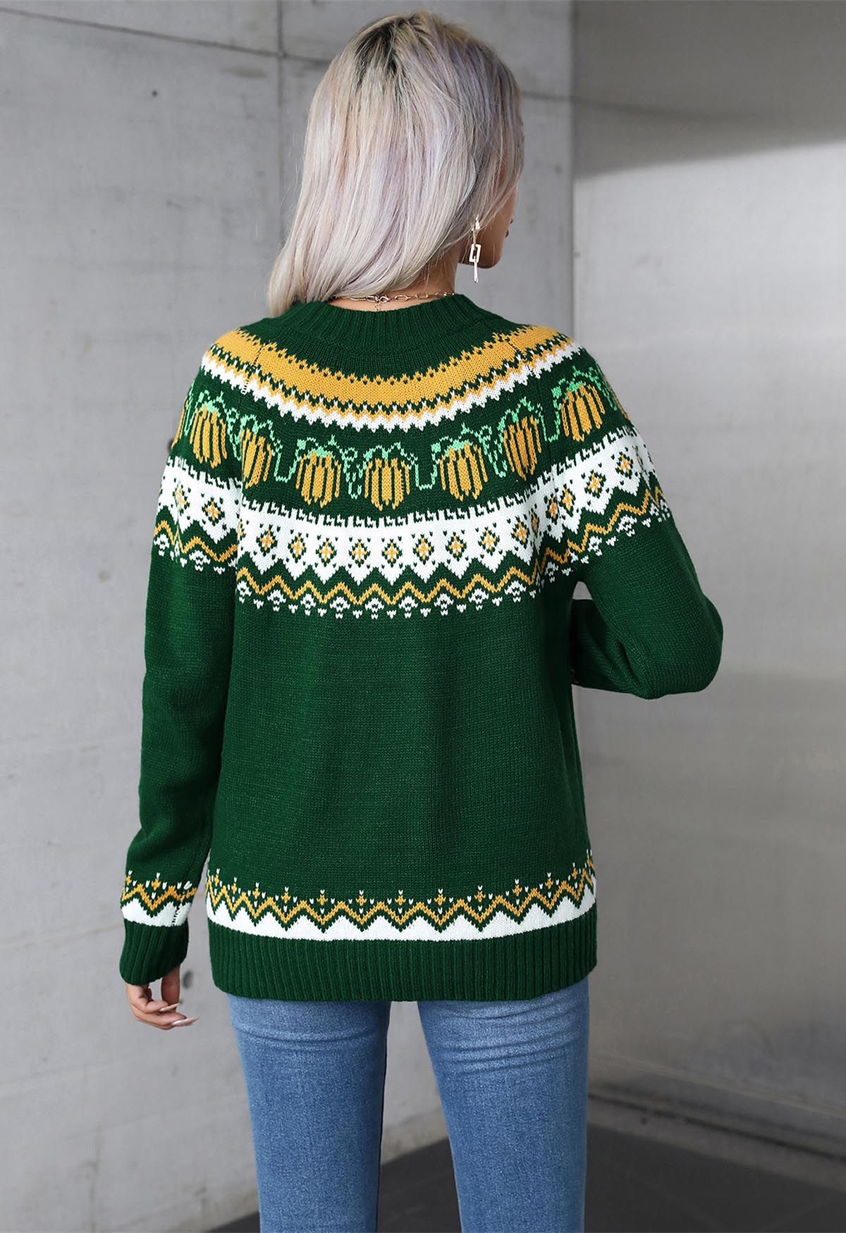 Pumpkin Delight Long Sleeves Knit Sweater in Green