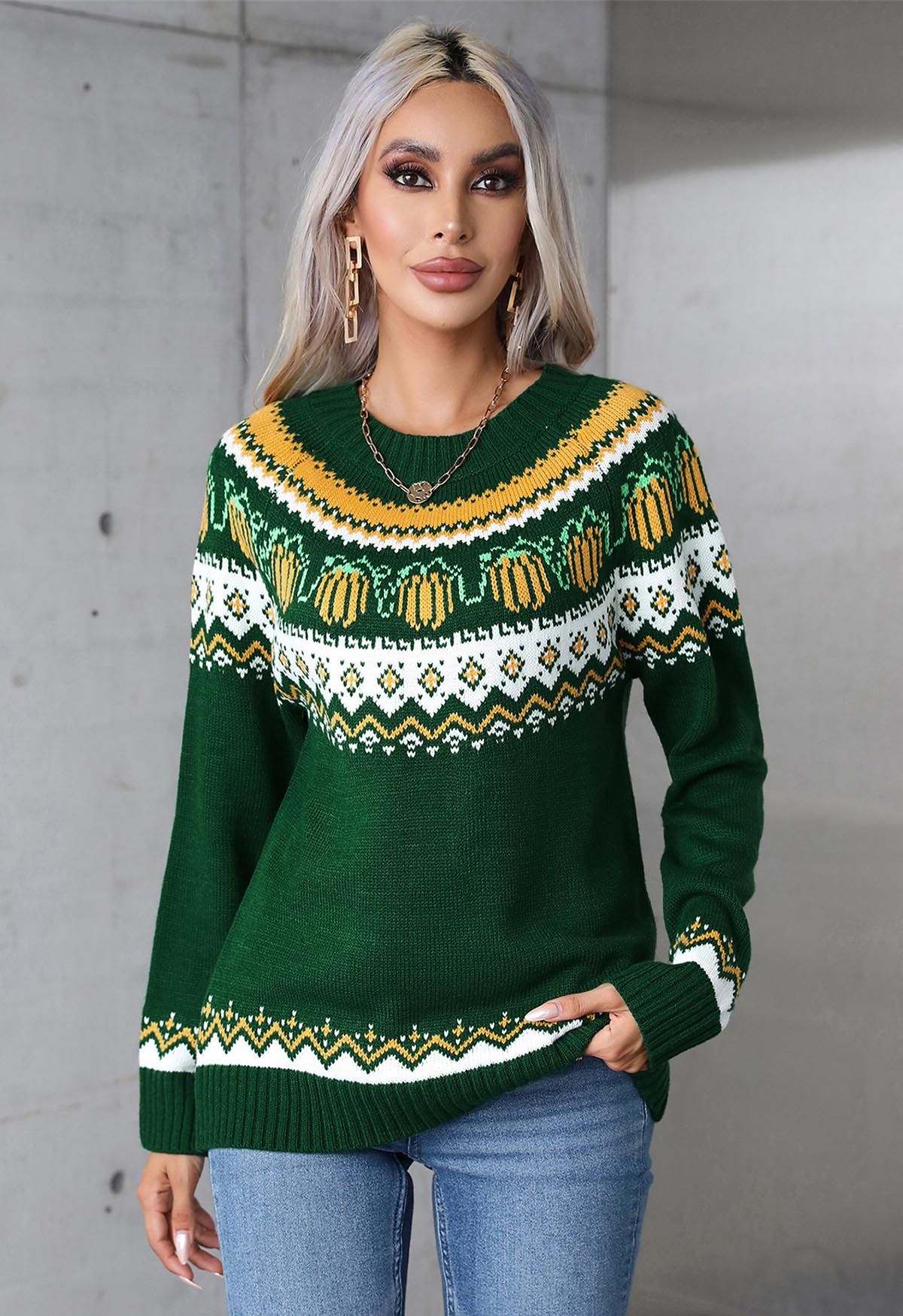 Pumpkin Delight Long Sleeves Knit Sweater in Green