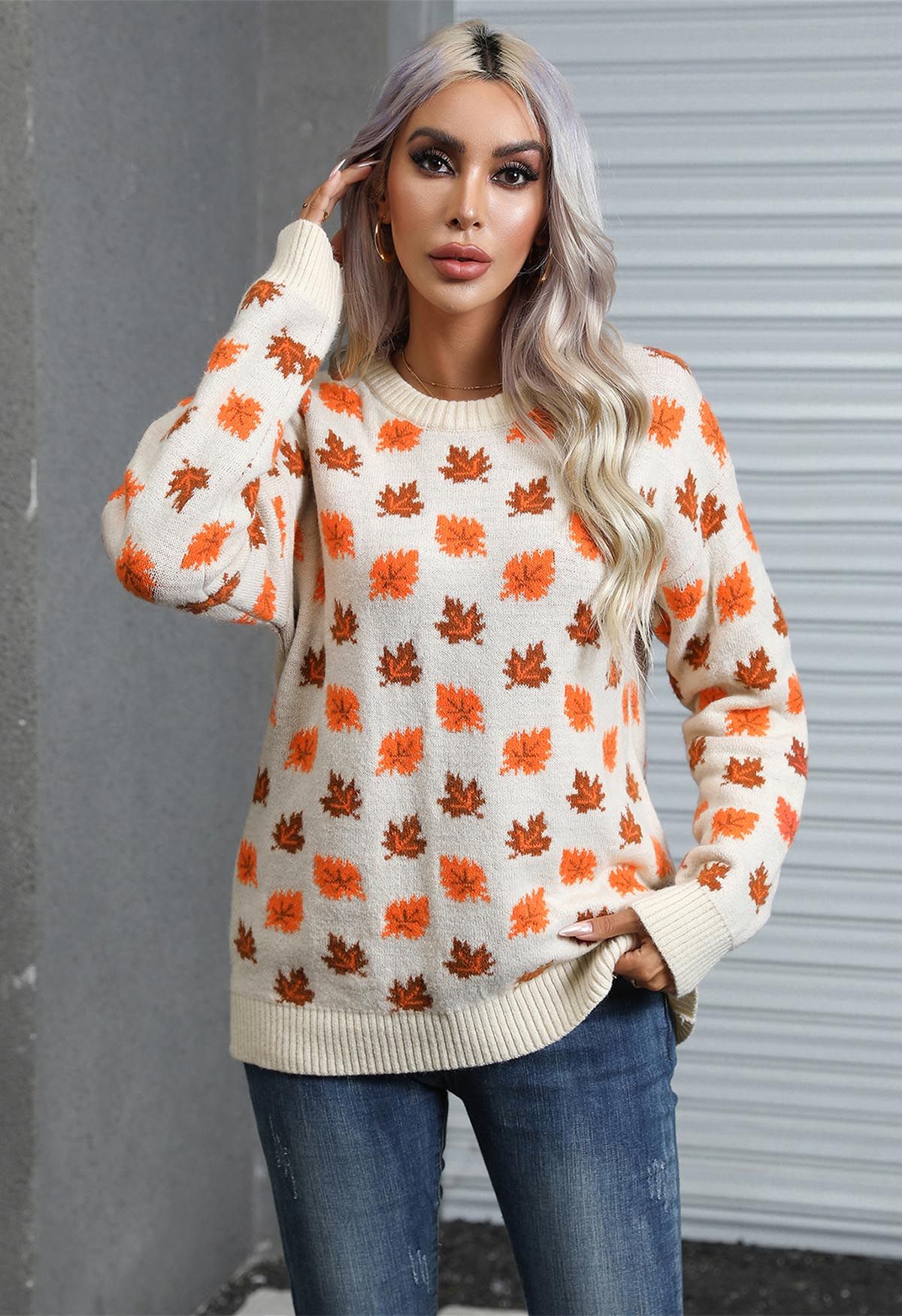 Maple Leaf Long Sleeves Oversized Knit Sweater in Ivory