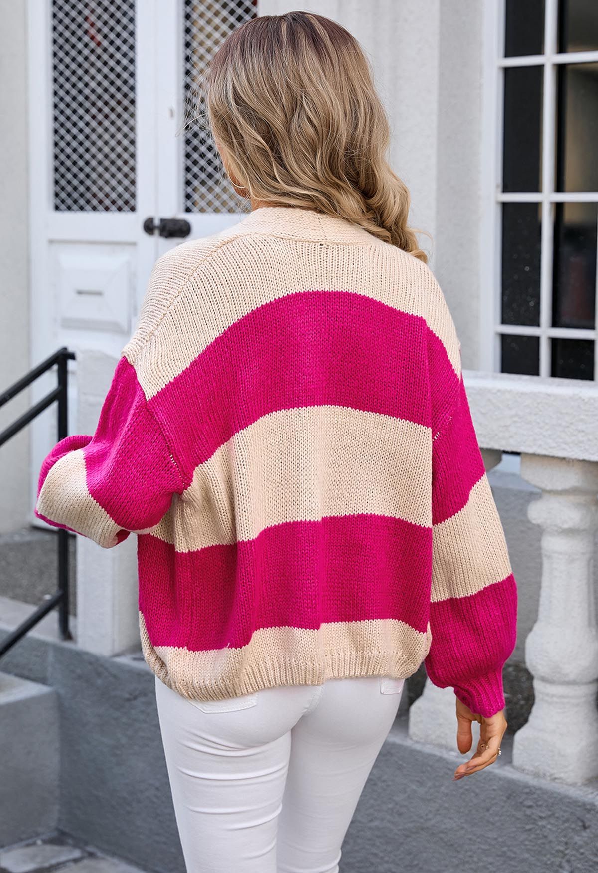 Striped Color Block Open Front Knit Cardigan in Hot Pink