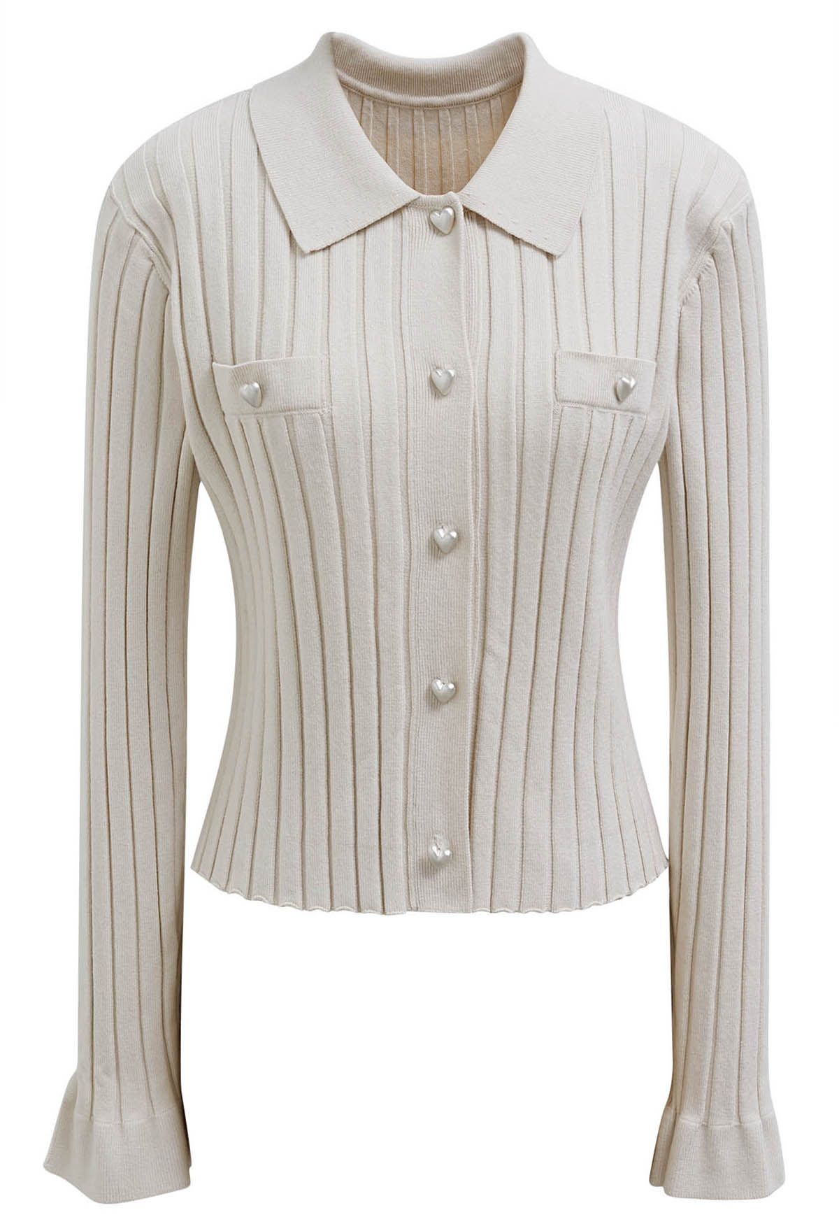 Heart-Shape Button Down Collar Knit Top in Ivory