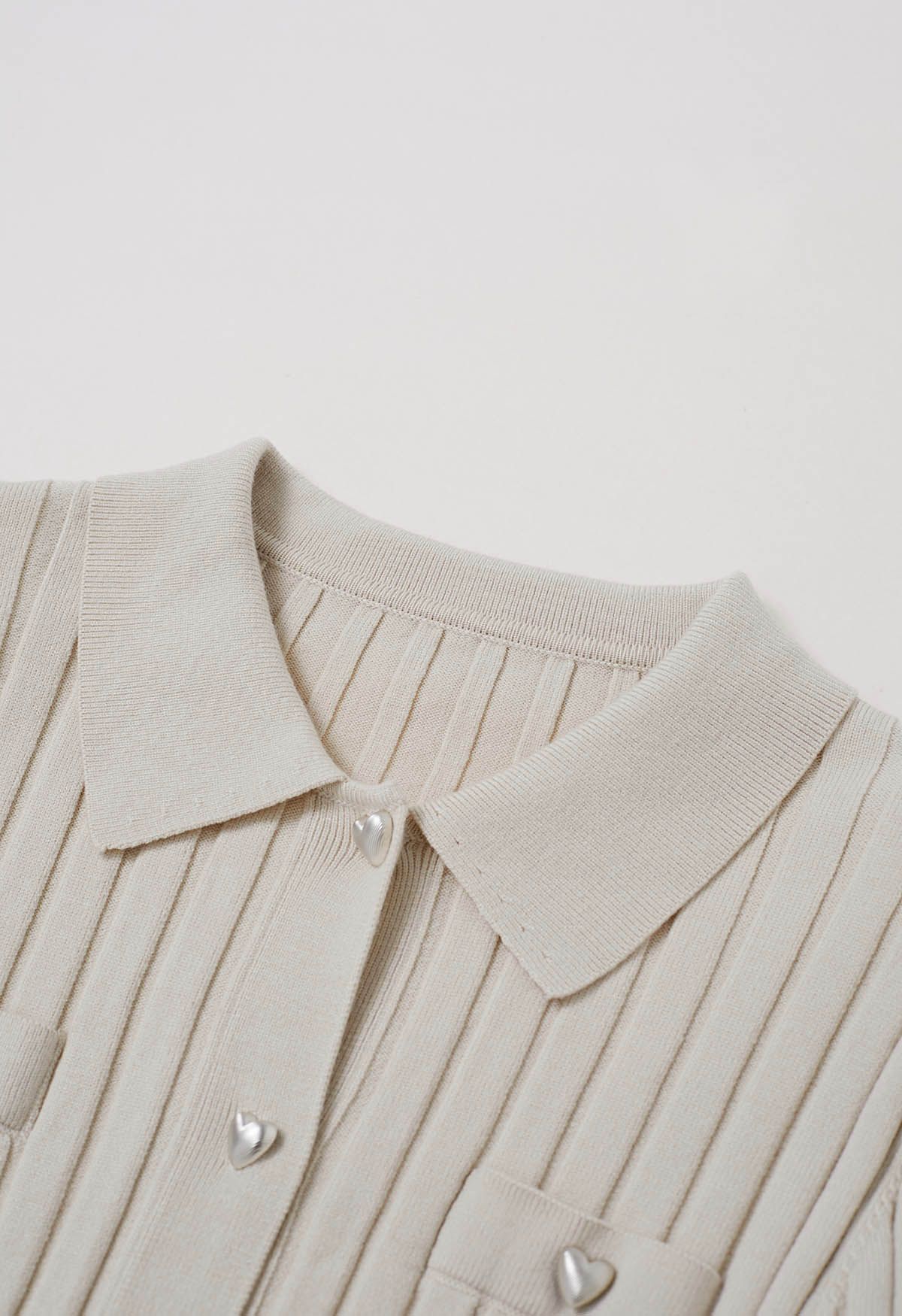 Heart-Shape Button Down Collar Knit Top in Ivory