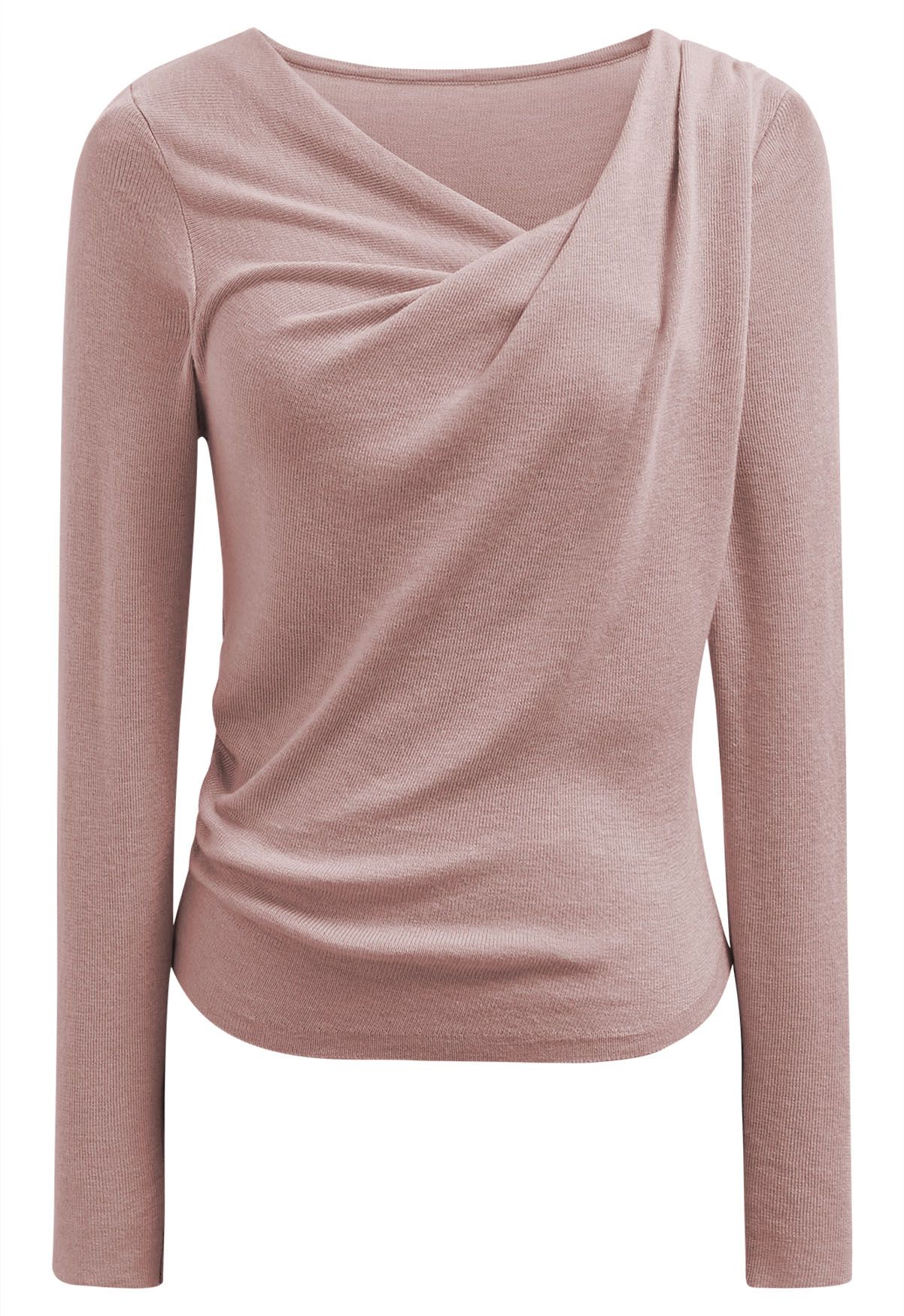 Gentle Crossover Long-Sleeve Knit Top in Pink