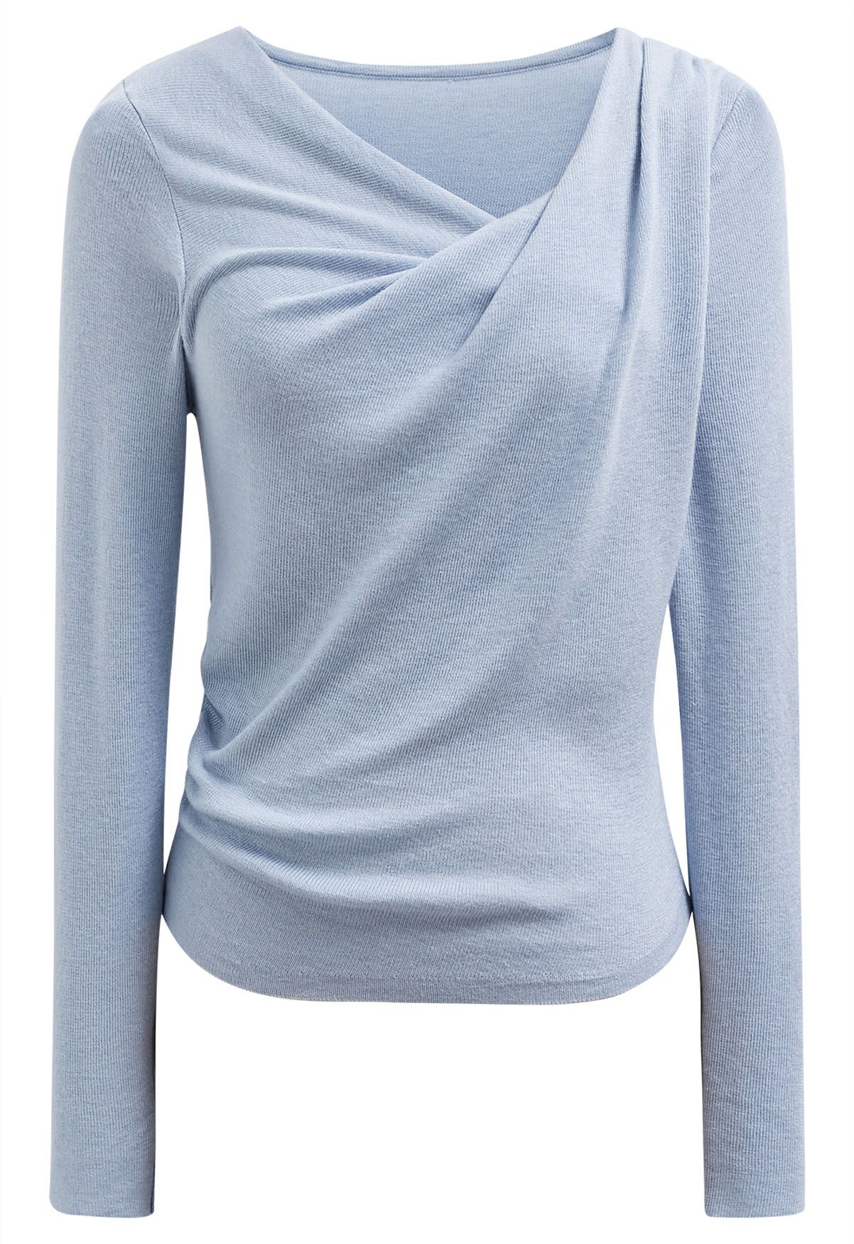 Gentle Crossover Long-Sleeve Knit Top in Blue