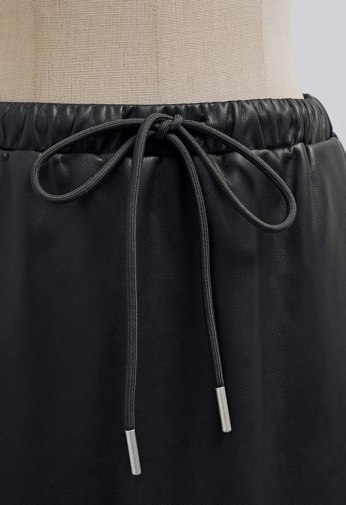 On-Duty Faux Leather Drawstring Shift Skirt in Black