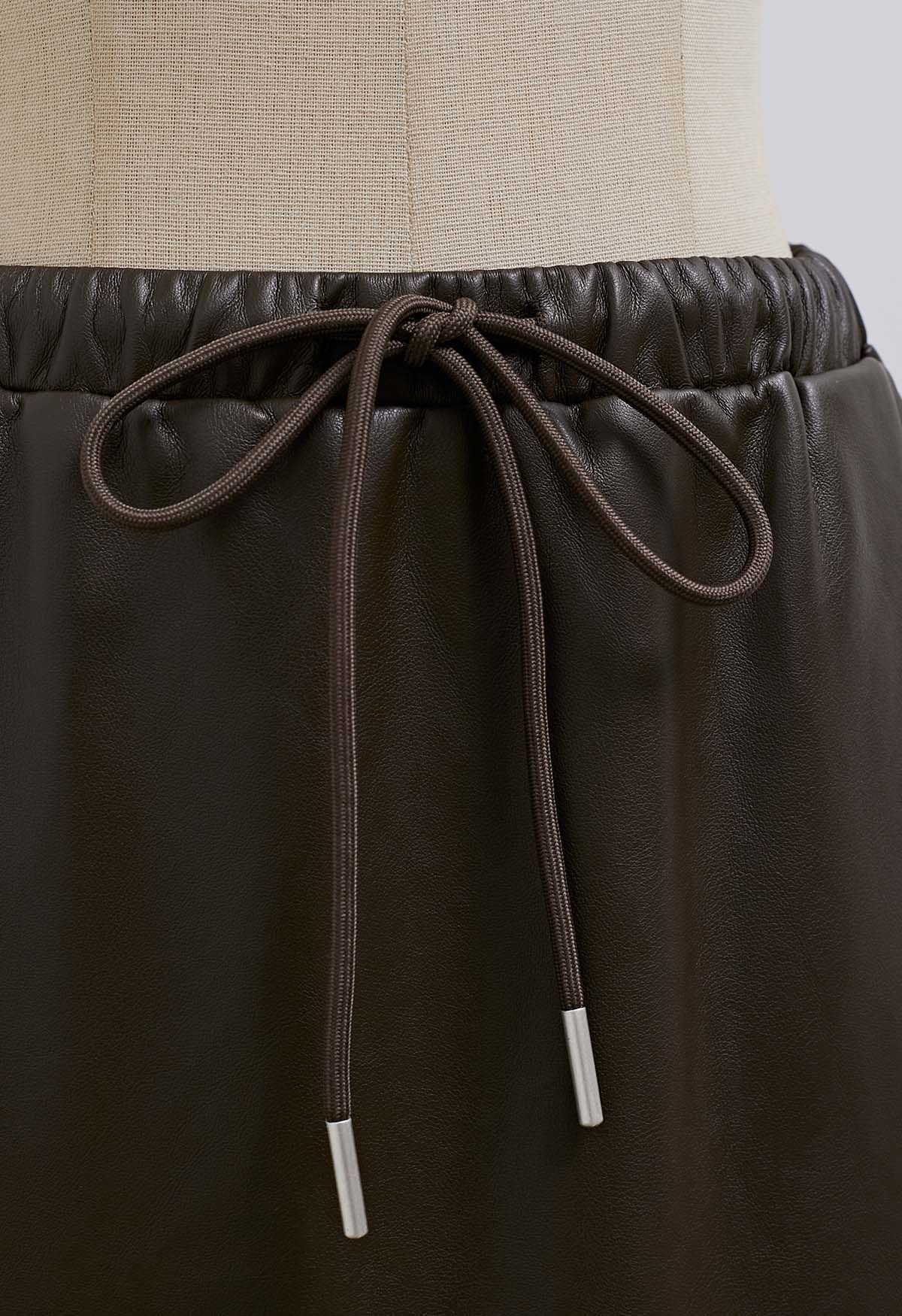 On-Duty Faux Leather Drawstring Shift Skirt in Chocolate