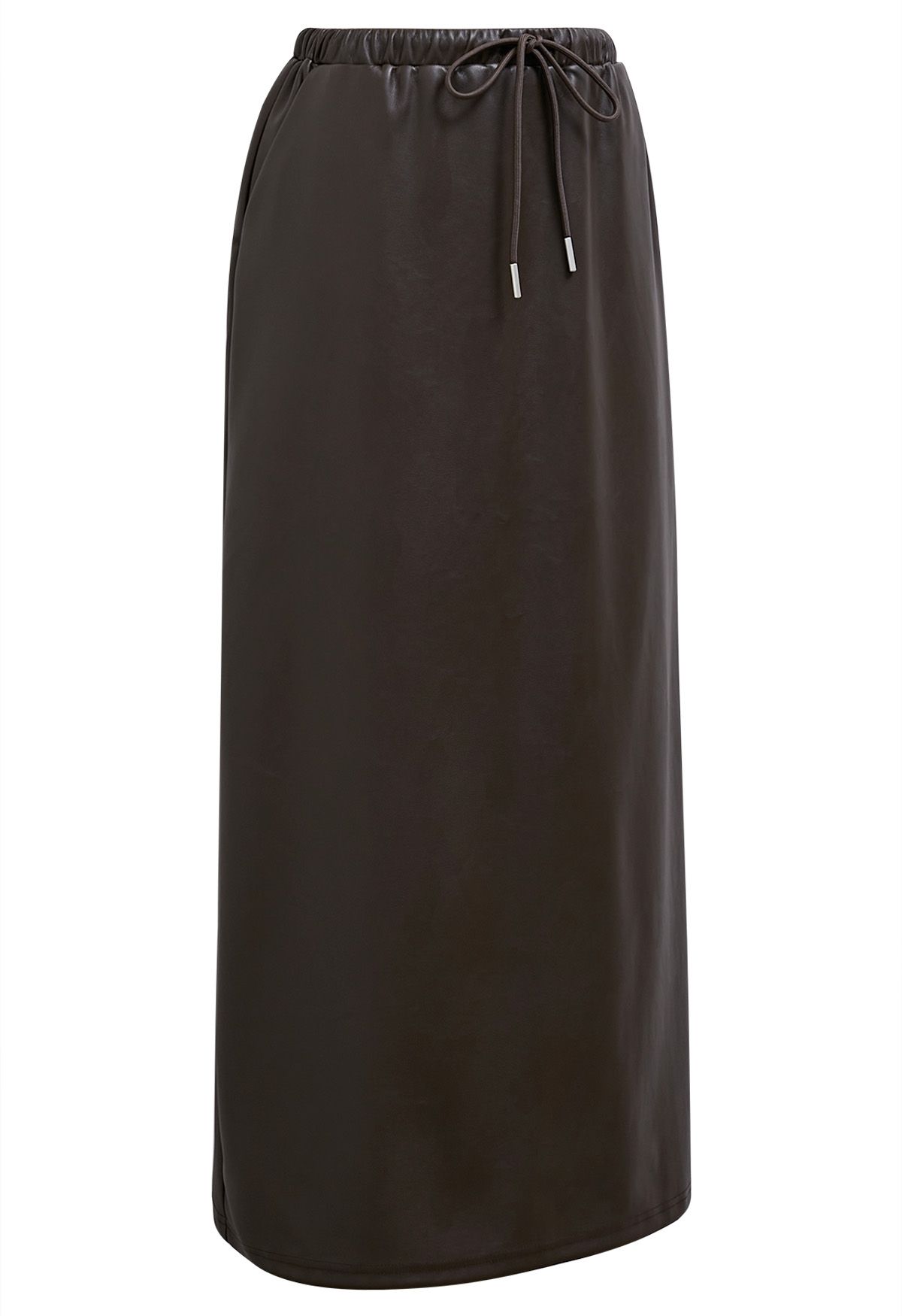 On-Duty Faux Leather Drawstring Shift Skirt in Chocolate