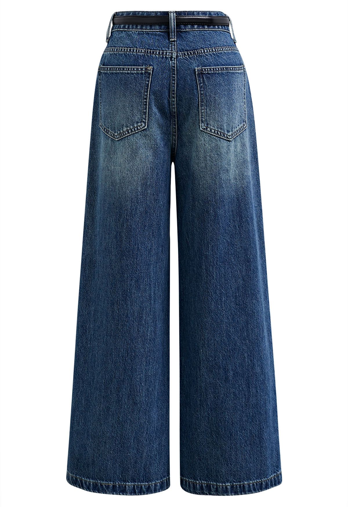 Iconic Silhouette Belted Palazzo Jeans in Blue