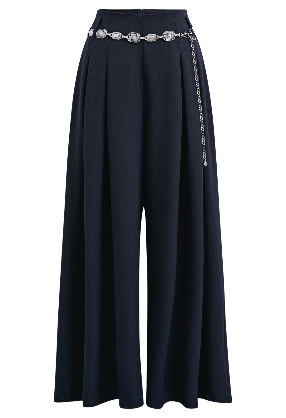 Chain-Embellished Pleated Palazzo Pants in Navy