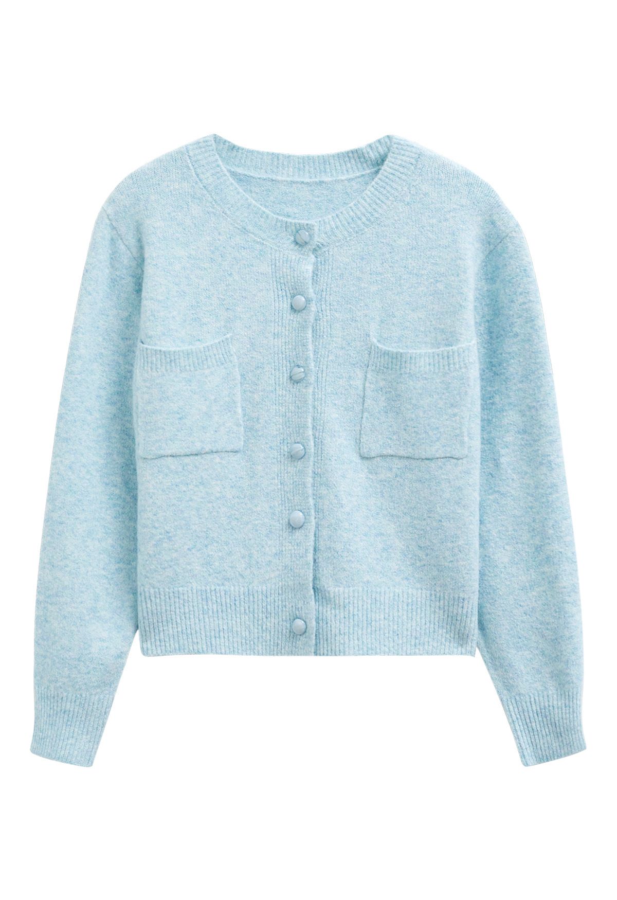 Toasty Patch Pockets Buttoned Knit Cardigan in Baby Blue