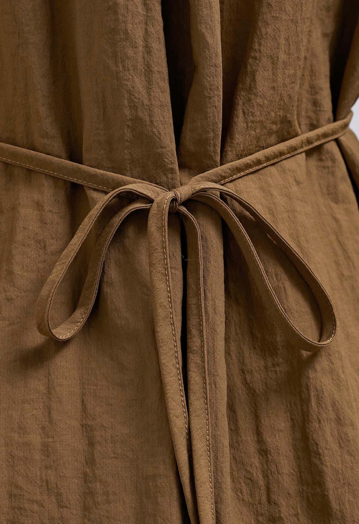 Side Pleats Collared Buttoned Wrap Shirt in Caramel