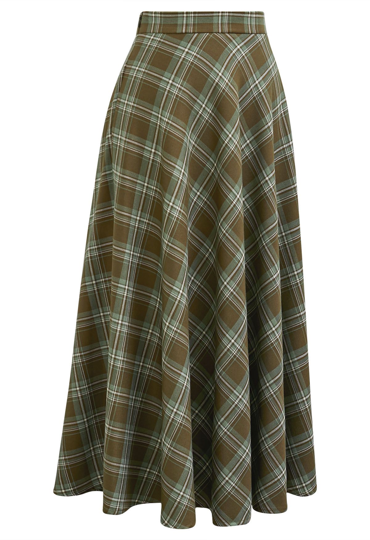 Plaid Charm Flare Midi Skirt in Army Green