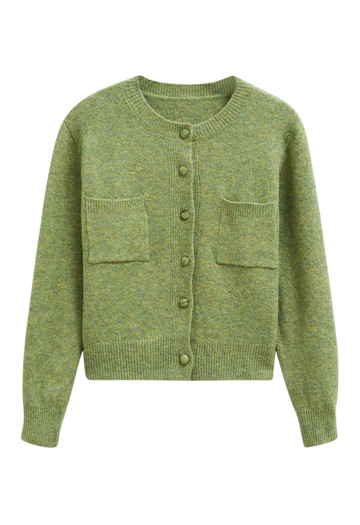 Toasty Patch Pockets Buttoned Knit Cardigan in Moss Green