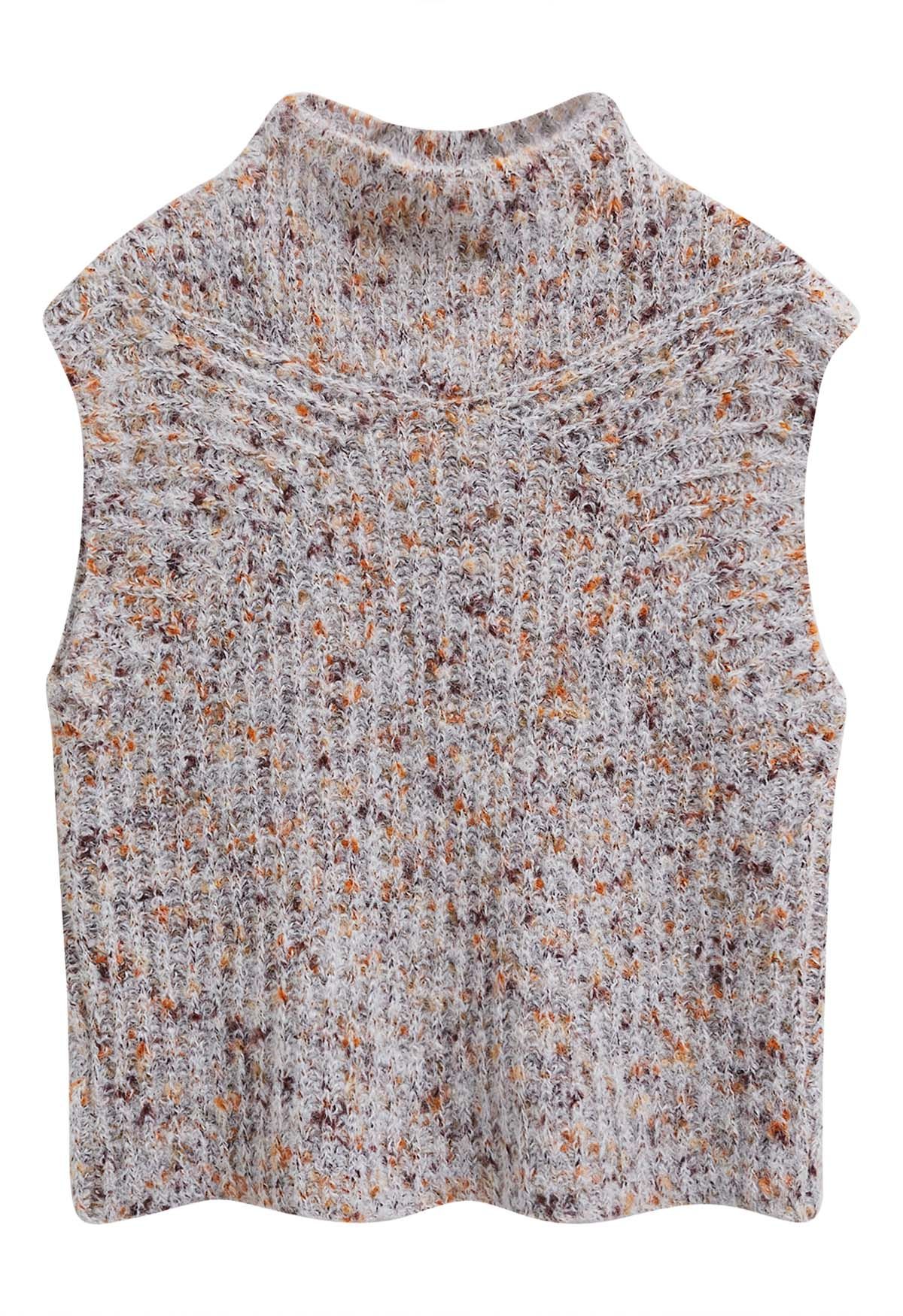 Fuzzy Mix-Knit Mock Neck Sleeveless Top in Oatmeal