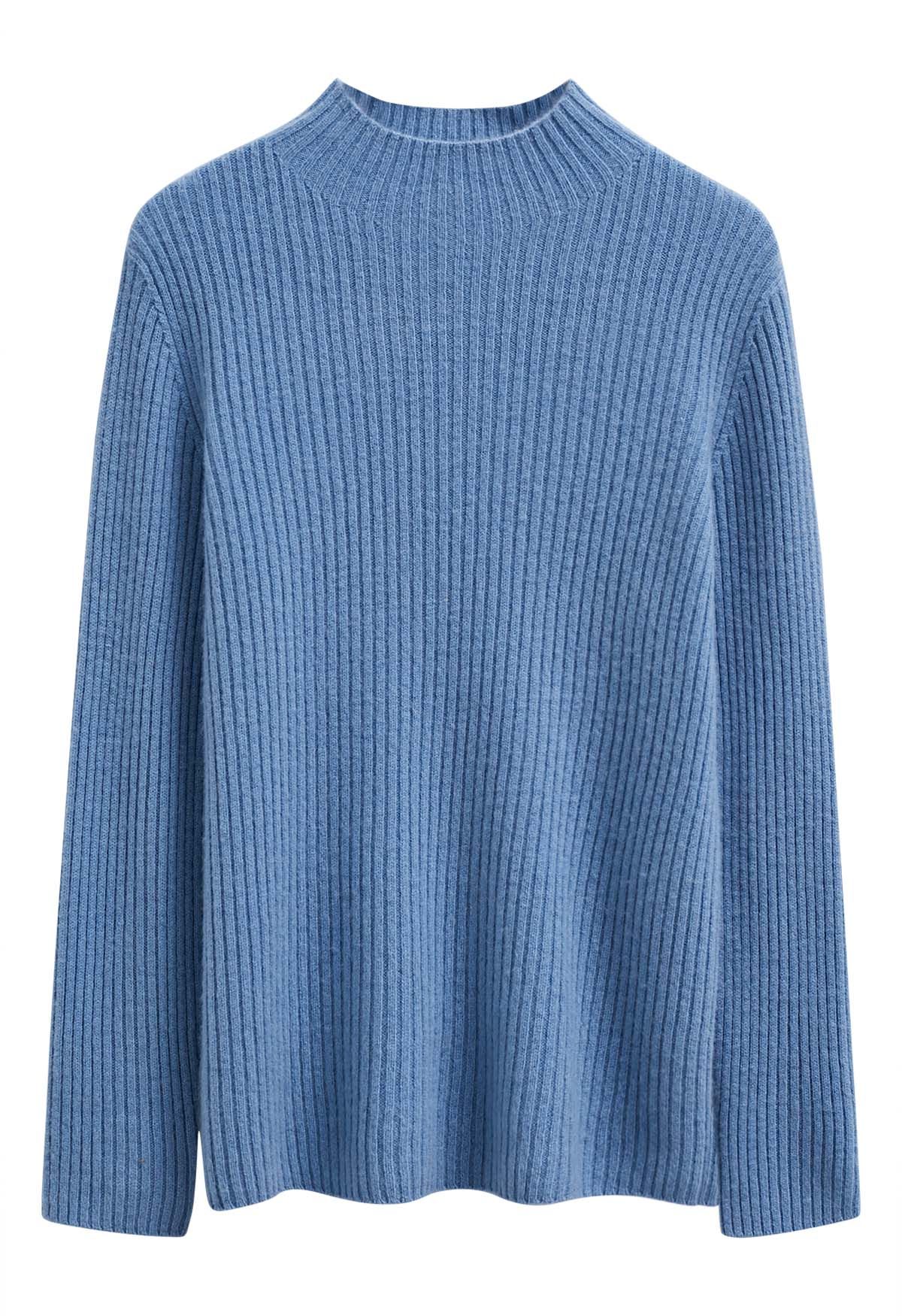 Elemental Mock Neck Long-Sleeve Wool Sweater in Blue