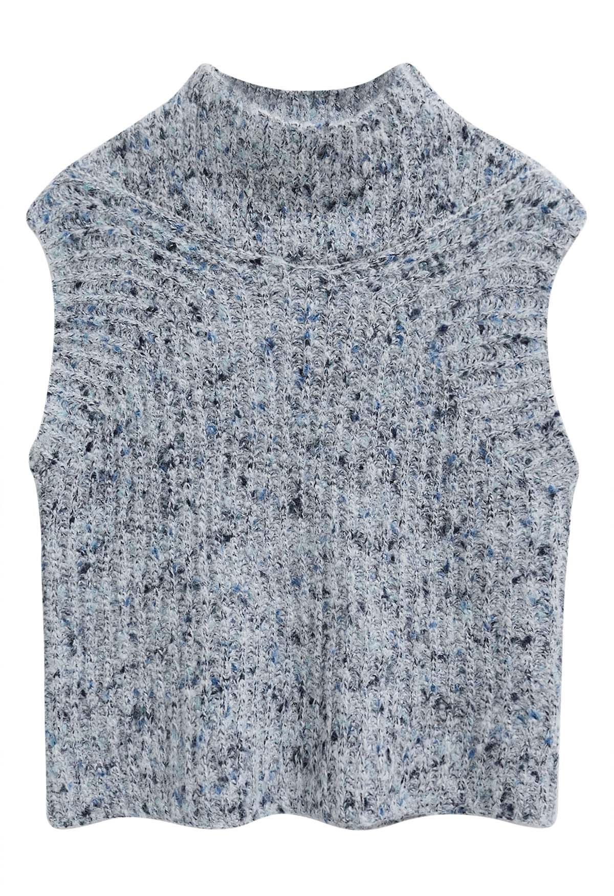 Fuzzy Mix-Knit Mock Neck Sleeveless Top in Grey