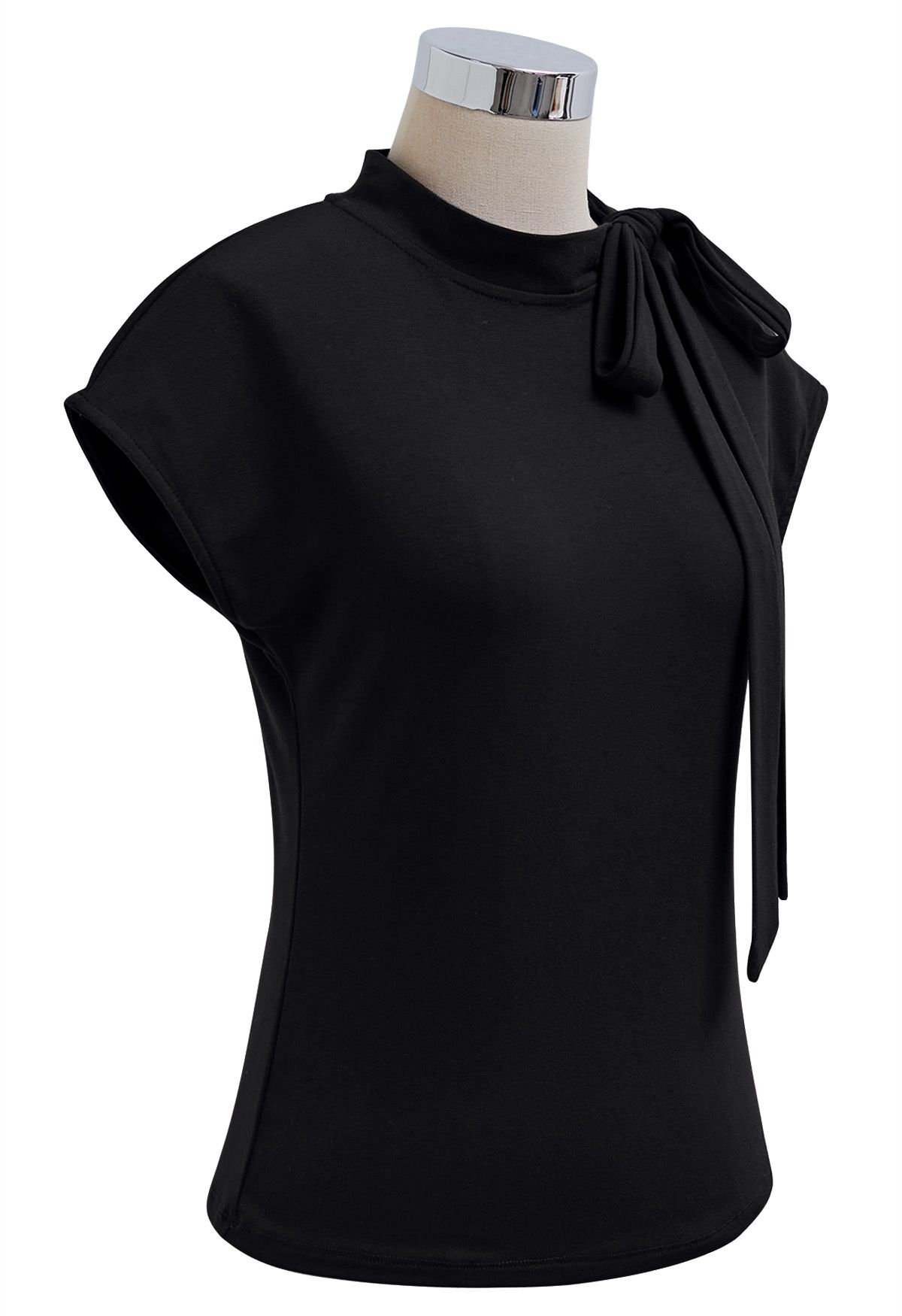 Bow-Tie Embellished Cap Sleeve Top in Black