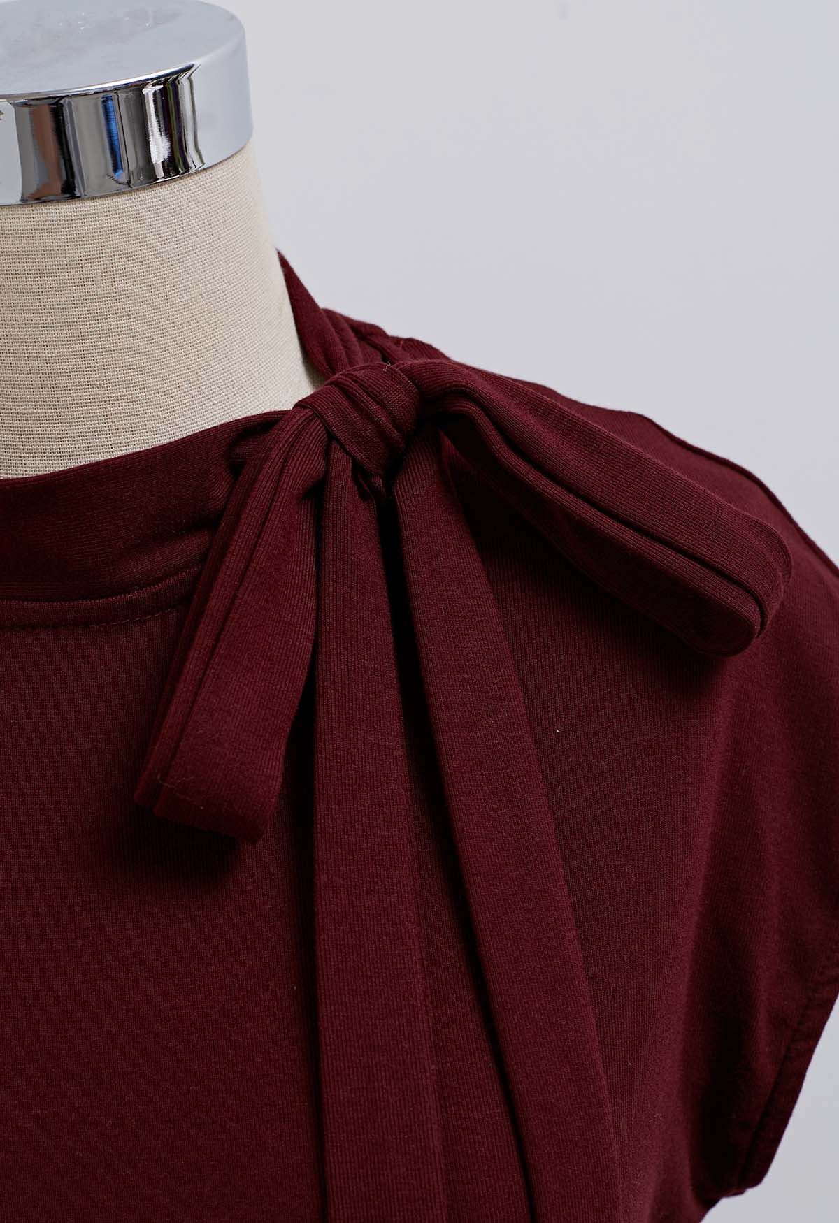 Bow-Tie Embellished Cap Sleeve Top in Burgundy