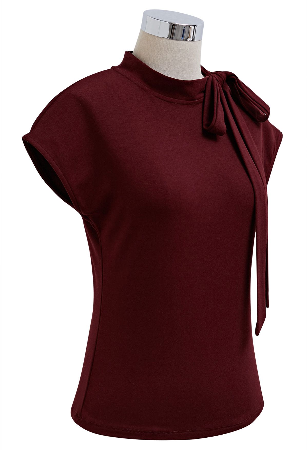 Bow-Tie Embellished Cap Sleeve Top in Burgundy