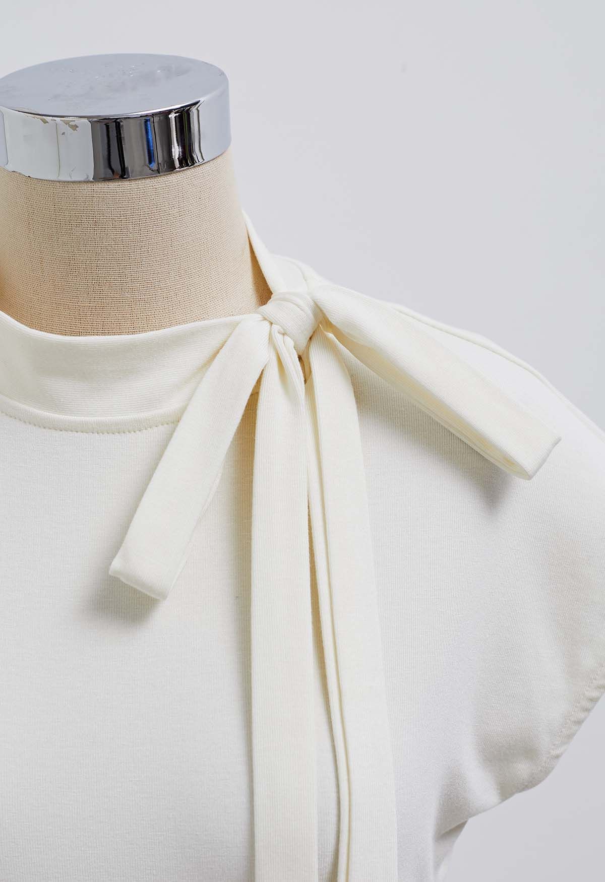 Bow-Tie Embellished Cap Sleeve Top in Ivory