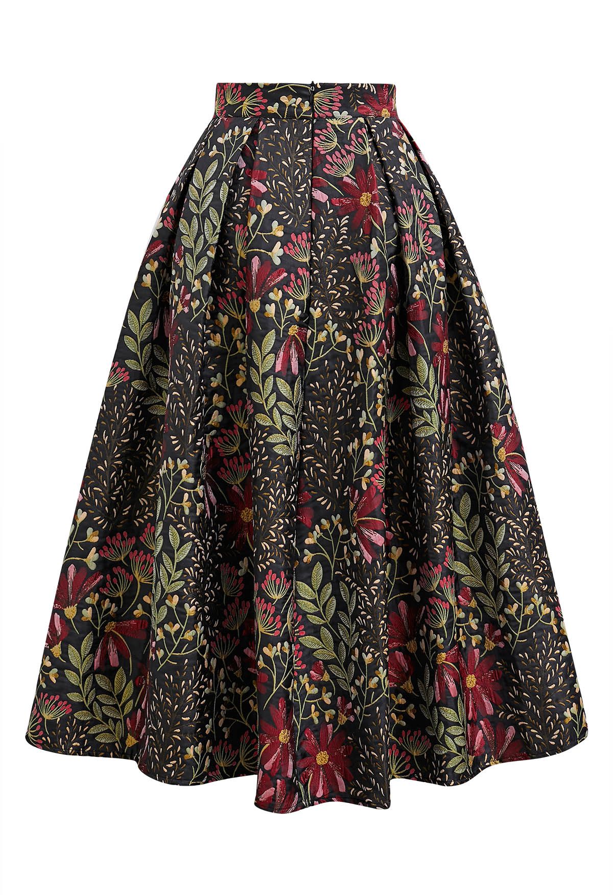 Cheerful Daisy Field Jacquard Pleated Midi Skirt in Black