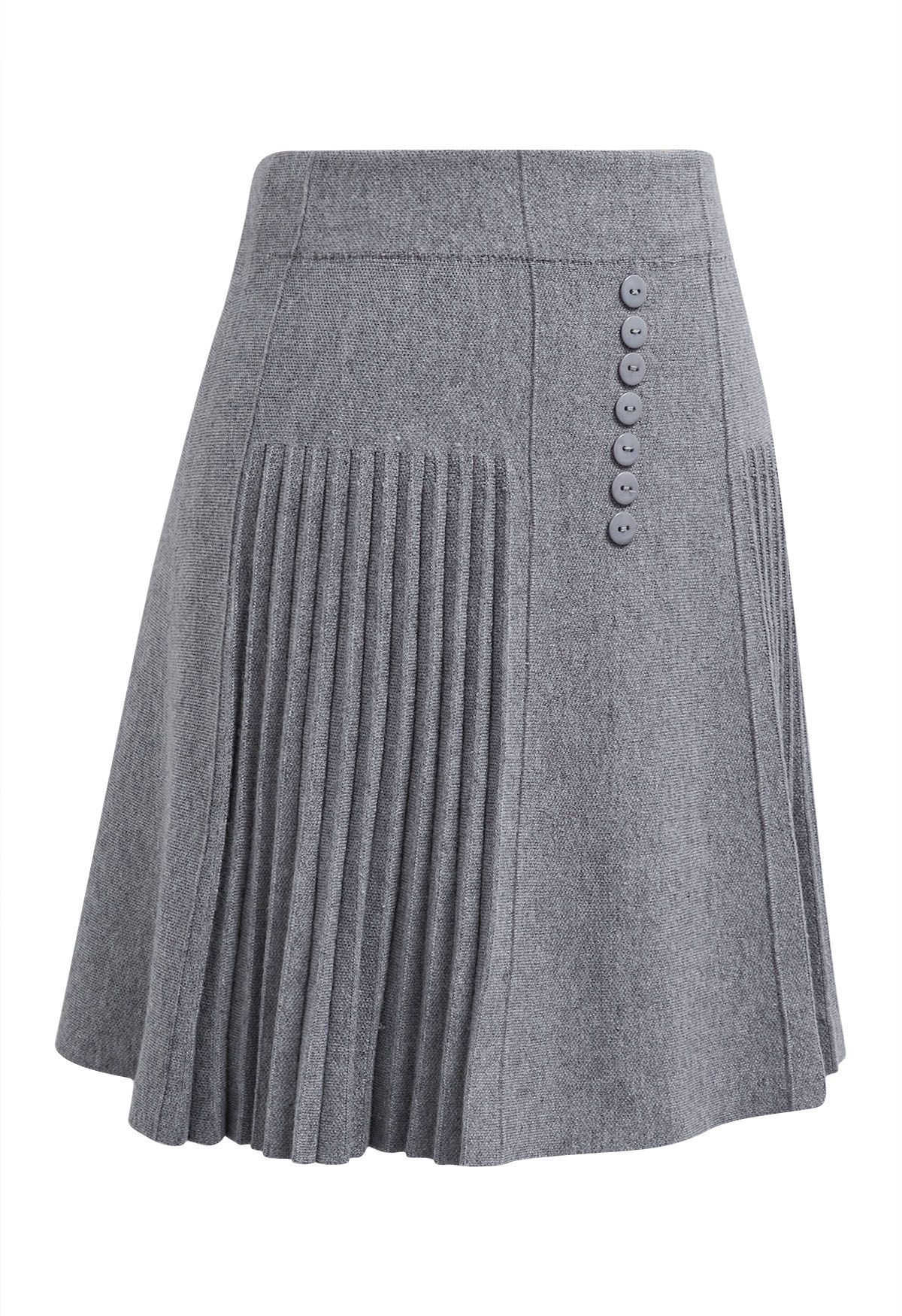 Refined Pleats Button Trim Knitted Mini Skirt in Grey