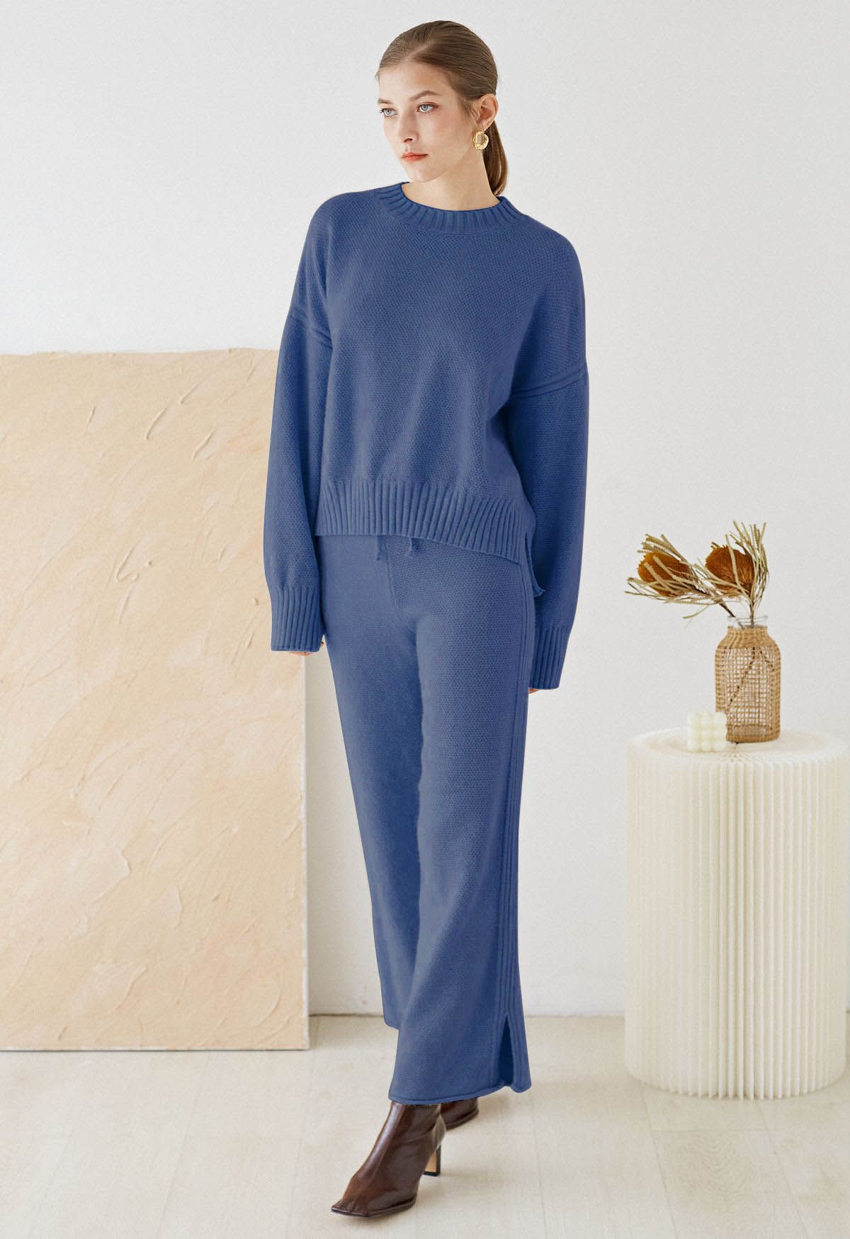 Waffle Knit Hi-Lo Sweater and Wide Leg Pants Set in Blue