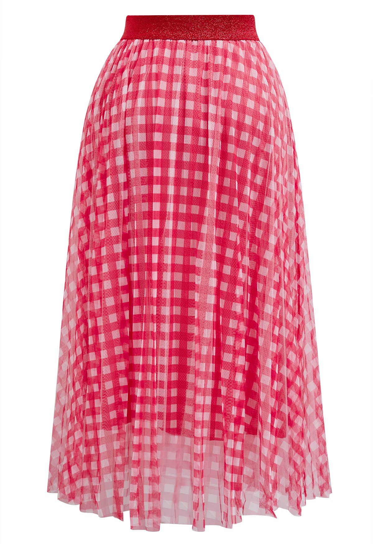 Gingham Print Mesh Tulle Midi Skirt in Red