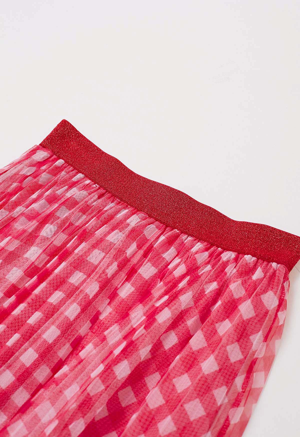 Gingham Print Mesh Tulle Midi Skirt in Red