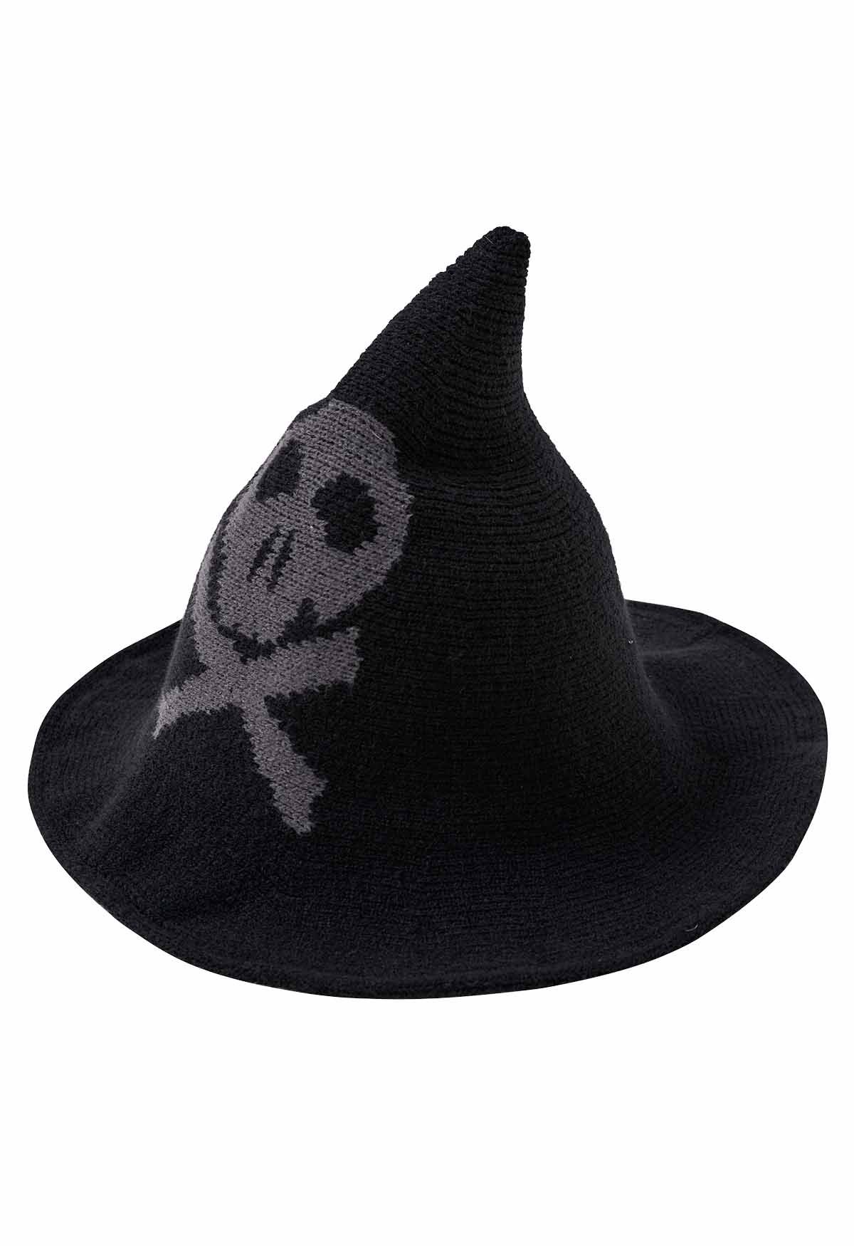 Skull Pattern Wool-Blend Witch Hat in Black