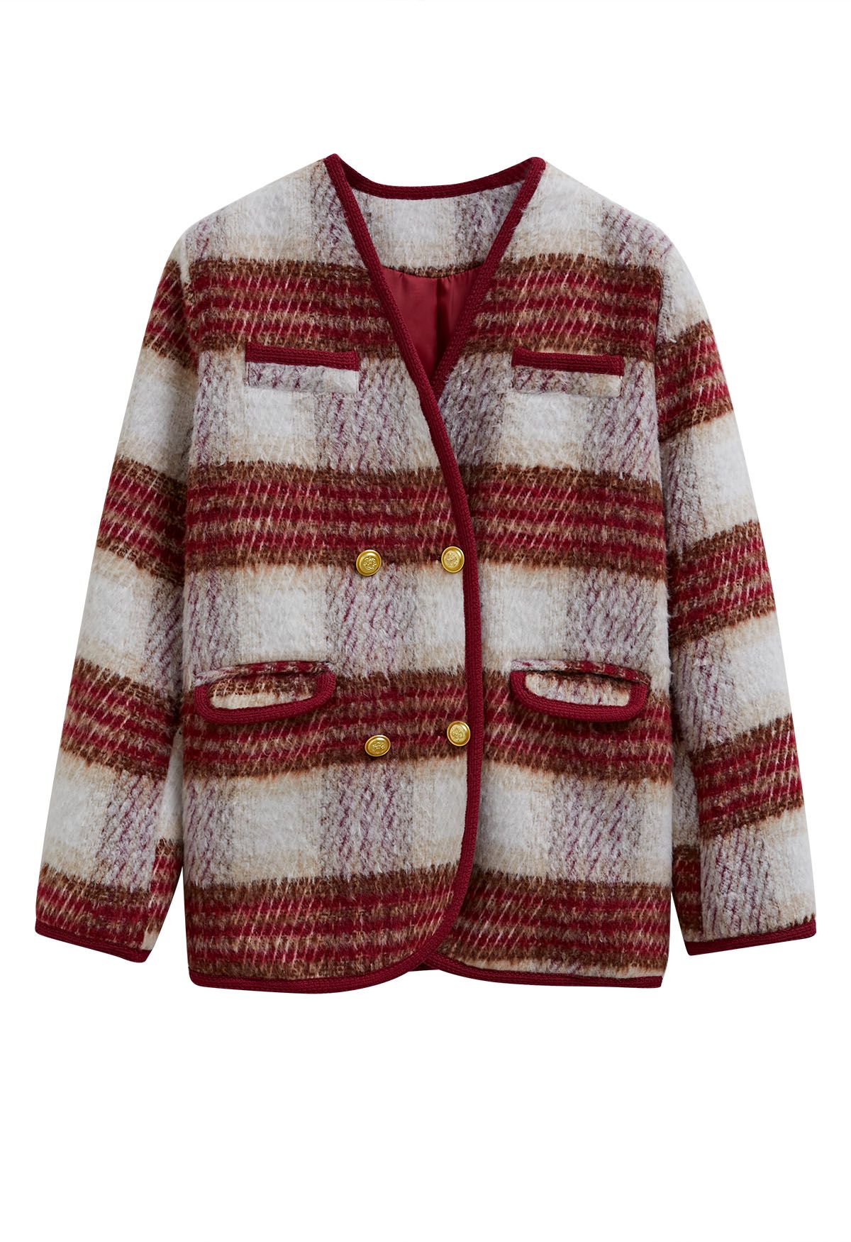 Retro Contrast Double-Breasted Fuzzy Coat in Red