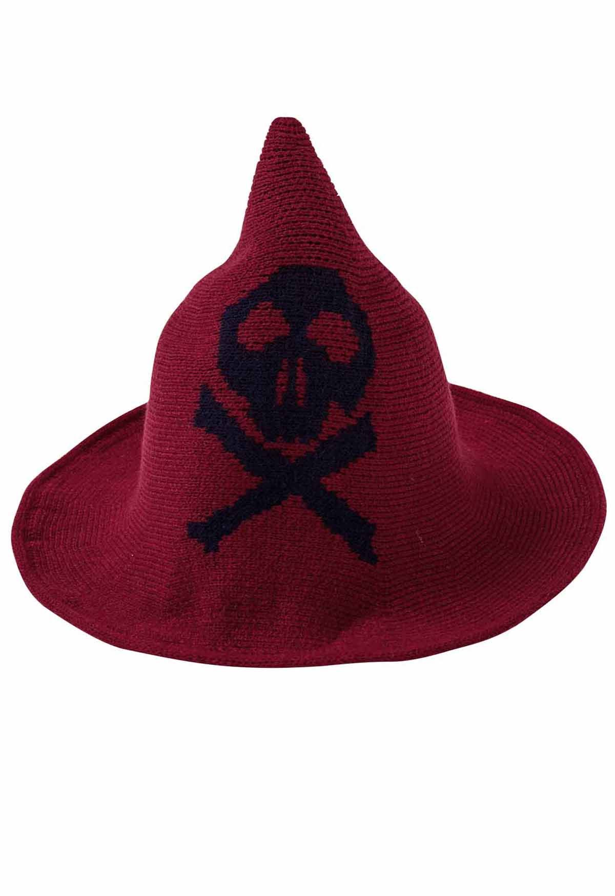 Skull Pattern Wool-Blend Witch Hat in Red