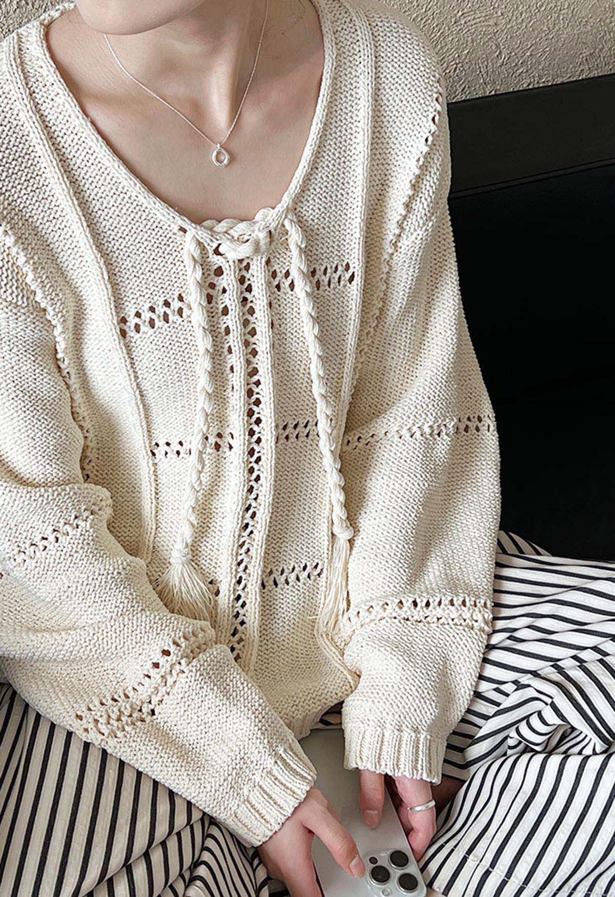 Hollow Out Tie-Neck Knit Top in Cream